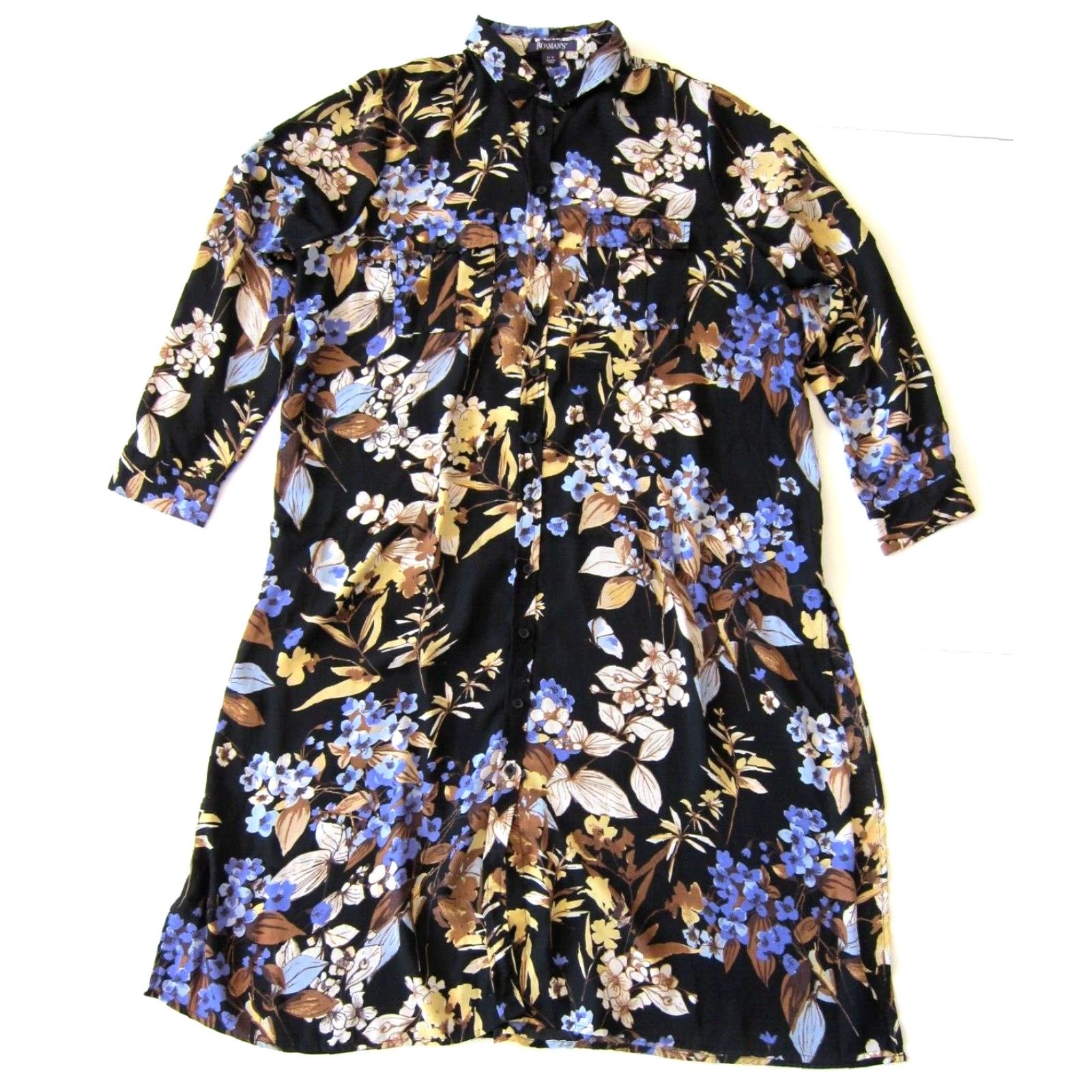 Vintage Roaman's Black Purple Yellow Button Down Long Sleeve Collared Shirt Dress 14W Size XL / US 12-14 / IT 48-50 - 2 Thumbnail