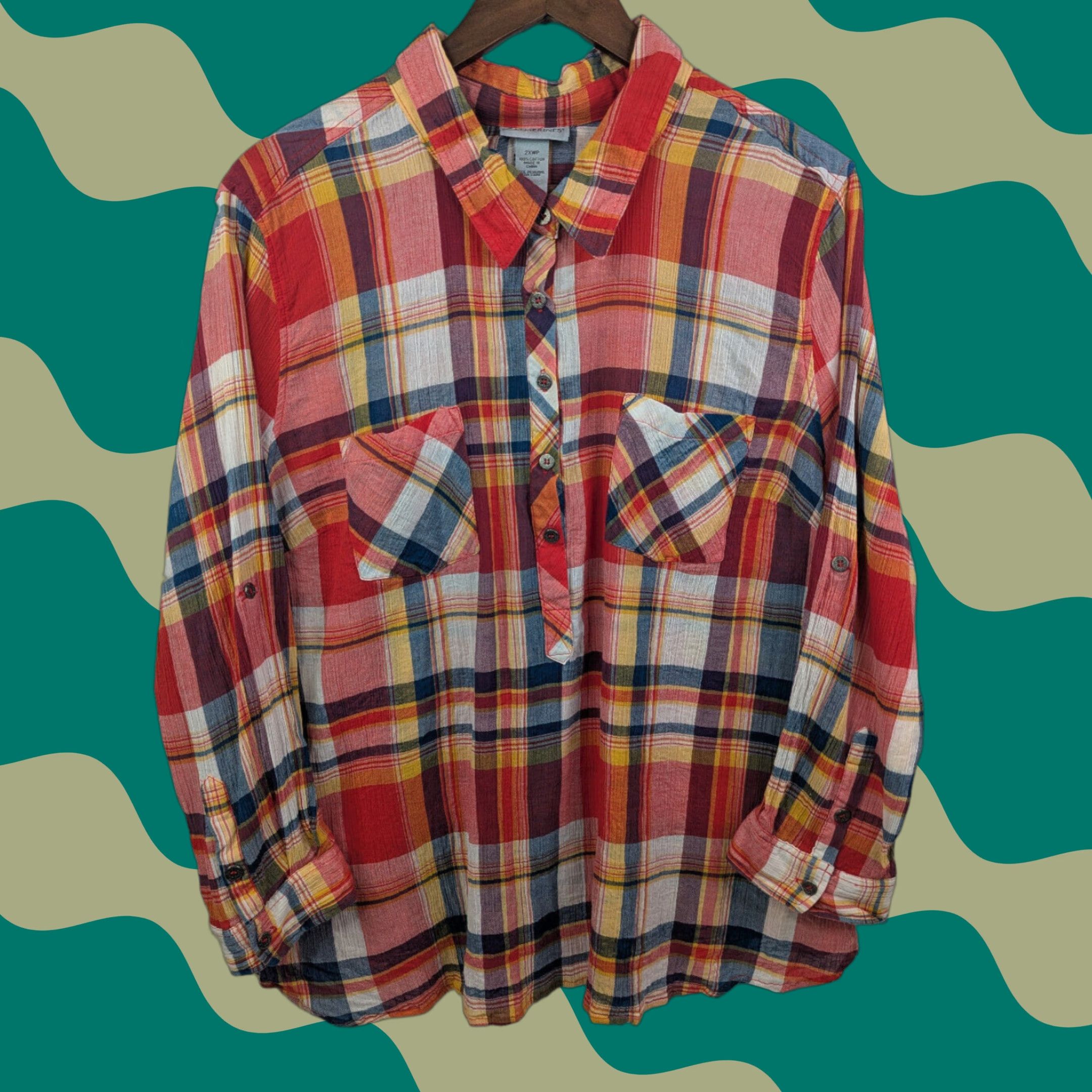 Vintage Catherines Plaid Western Button Shirt Top 2XWP Floral Roll Tab Sleeve Collared Size XXL / US 16-18 / IT 52-54 - 1 Thumbnail