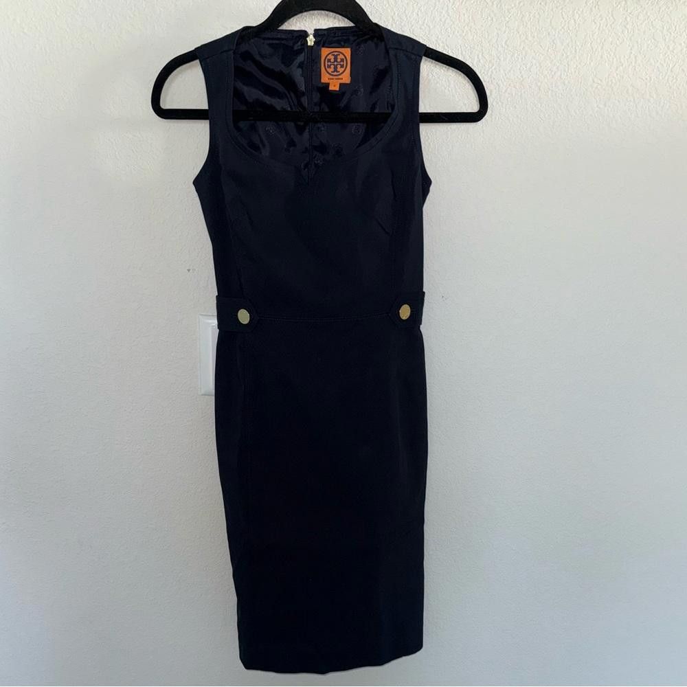 Designer Tory Burch Tayler Navy Sleeveless Sheath Dress Square Neck 0 Size XS / US 0-2 / IT 36-38 - 2 Thumbnail