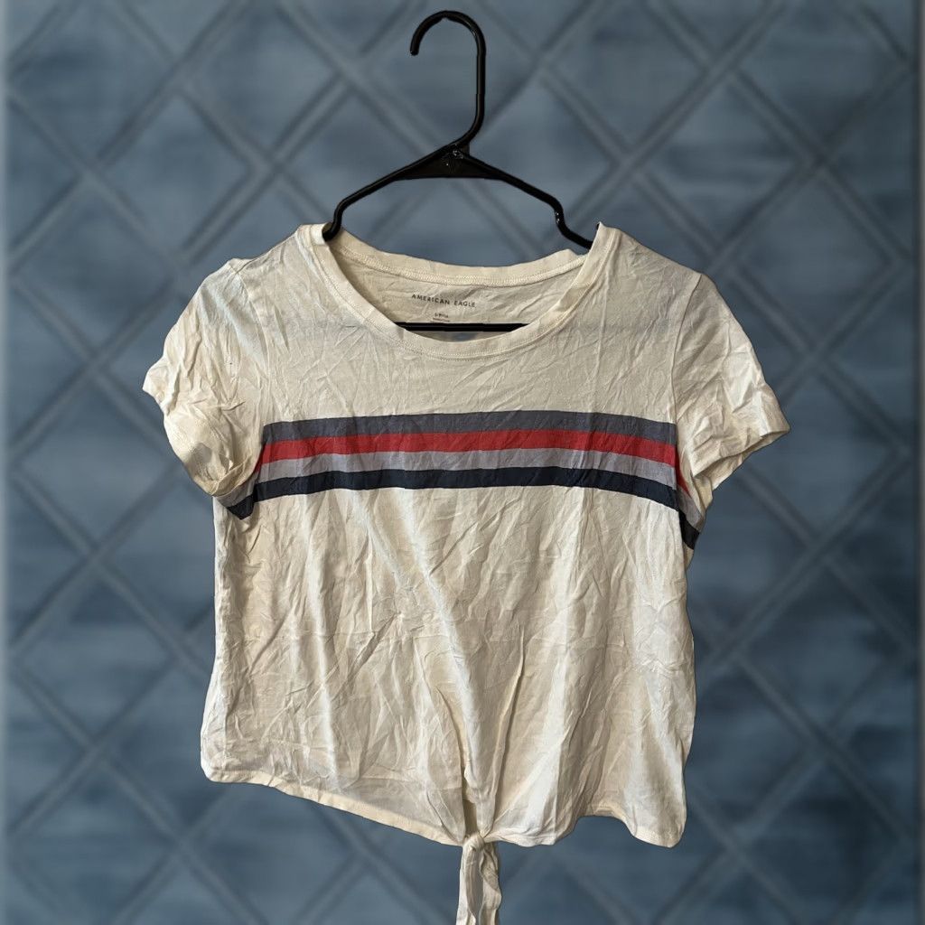 American Eagle Outfitters VINTAGE American Eagle Shirt Tie-Front Striped T-Shirt Women Juniors S White Casual Tee Size S / US 4 / IT 40 - 1 Thumbnail
