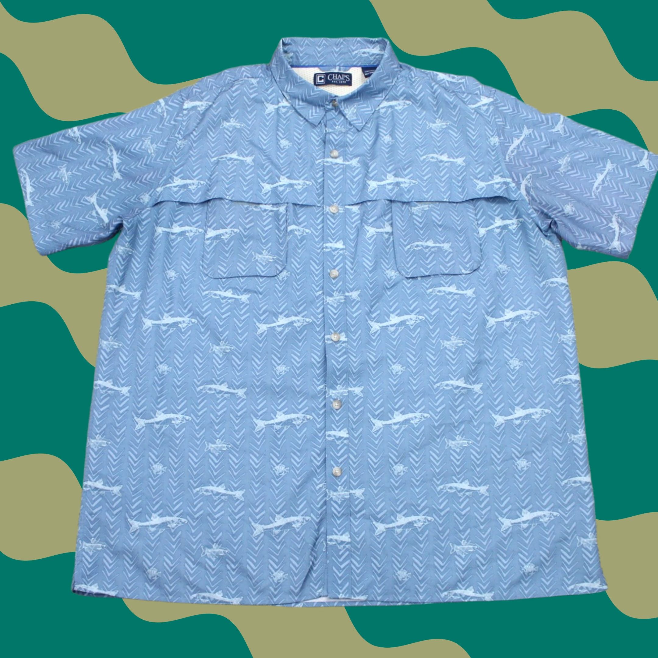 Chaps Chaps AOP Shirt Mens XL Blue Quick Dry Shark Print S/S Snap Collar Shirt Size US XL / EU 56 / 4 - 1 Thumbnail