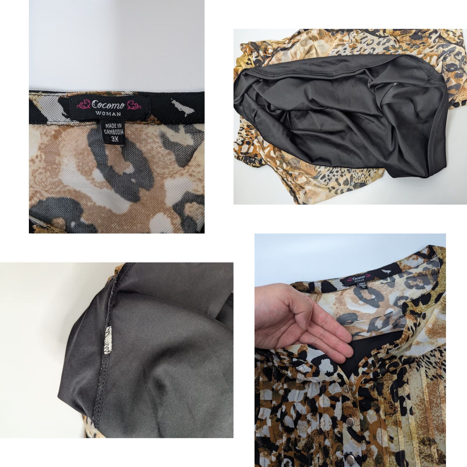 Vintage Cocomo Plus 3X Animal Print Shirt Women V-Neck Henley Button Top Roll Tab Sleeve Pintuck Pullover Casual Workwear Size XXL / US 16-18 / IT 52-54 - 8 Thumbnail