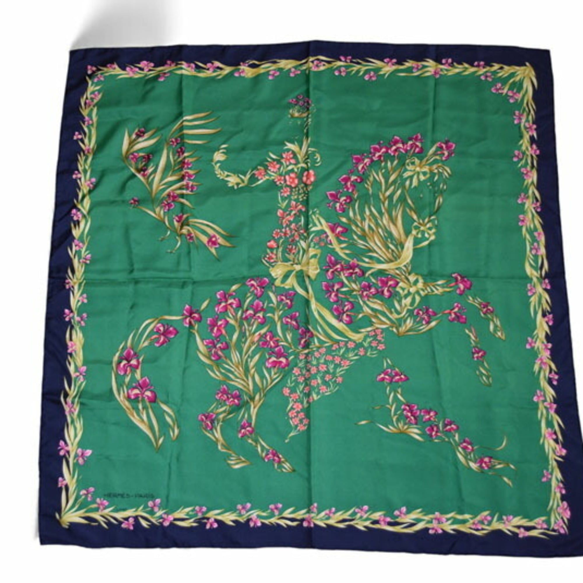 Hermes Hermes Hermès Carré 90 Scarf, Silk Twill, Flowering Horse, H. d'Origny, Henri Green/Navy Size ONE SIZE - 1 Thumbnail