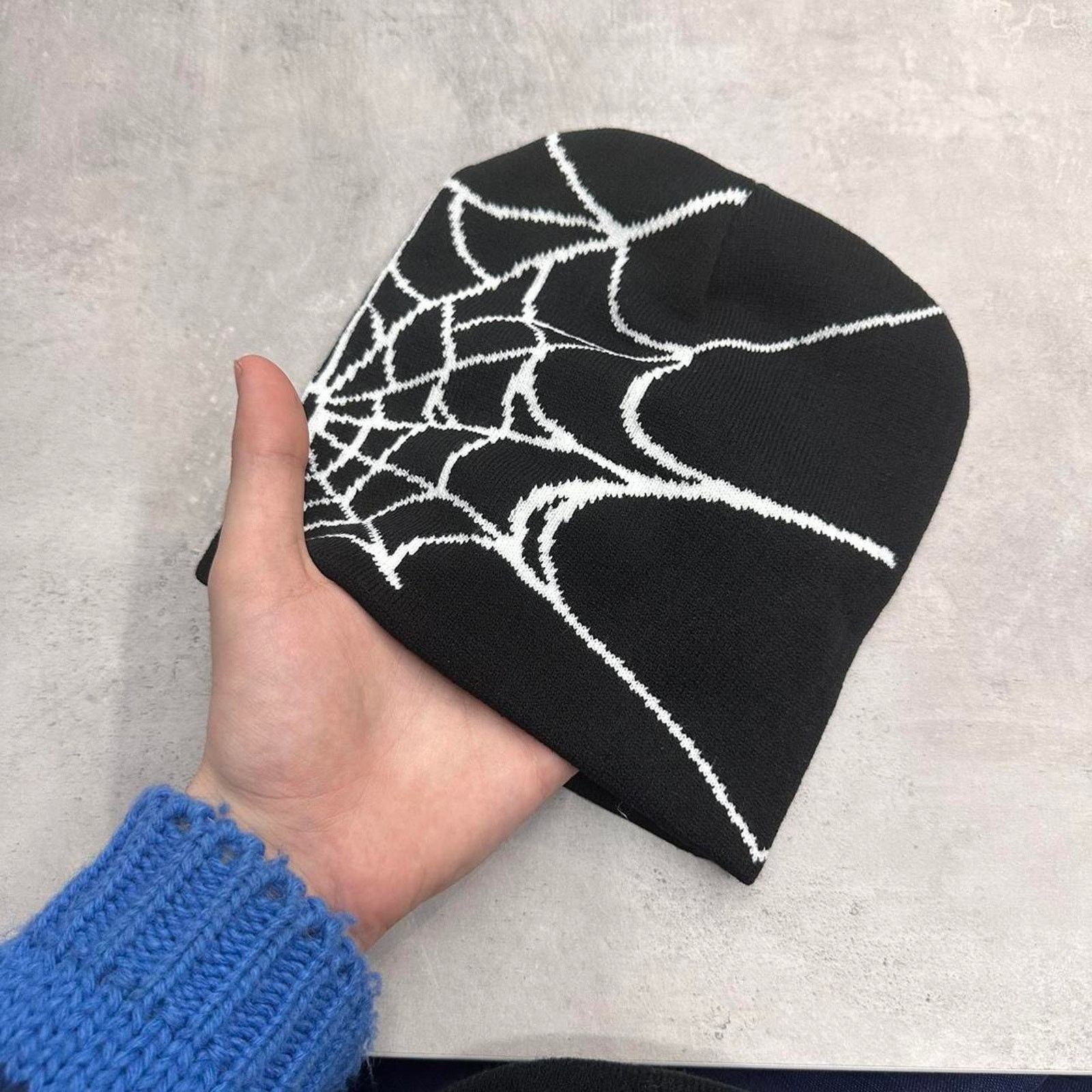 Vintage White and Black Spider Web Acrylic Graphic Beanie Hat Size ONE SIZE - 2 Thumbnail