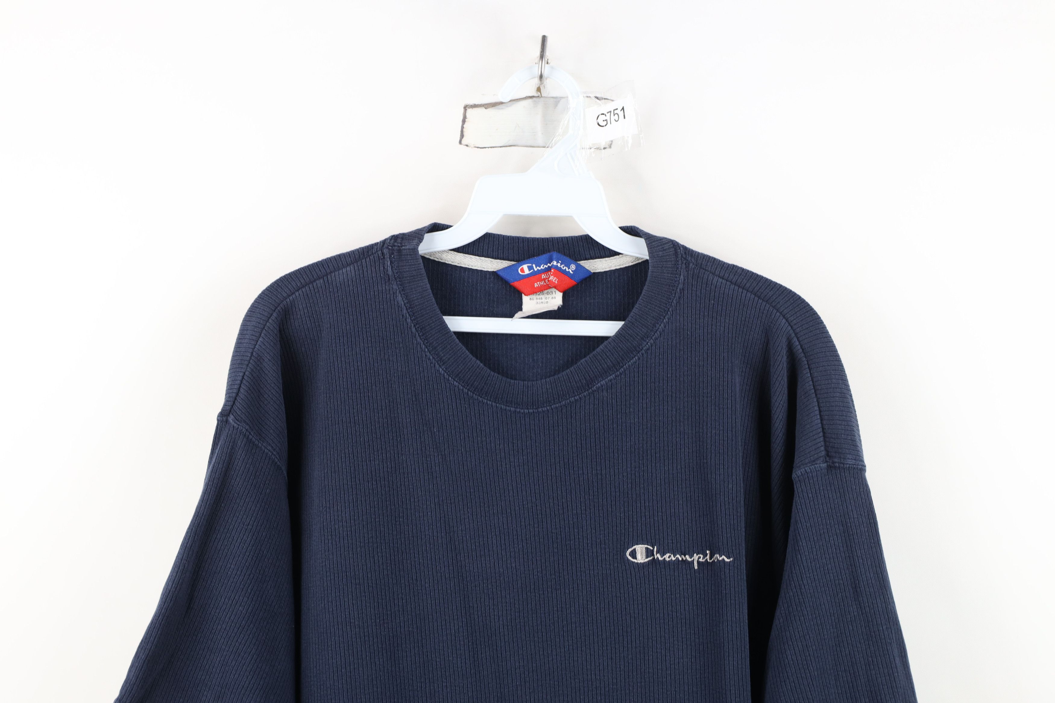 Champion Vintage 90s Champion Spell Out Ribbed Knit T-Shirt Blue Size US L / EU 52-54 / 3 - 2 Thumbnail