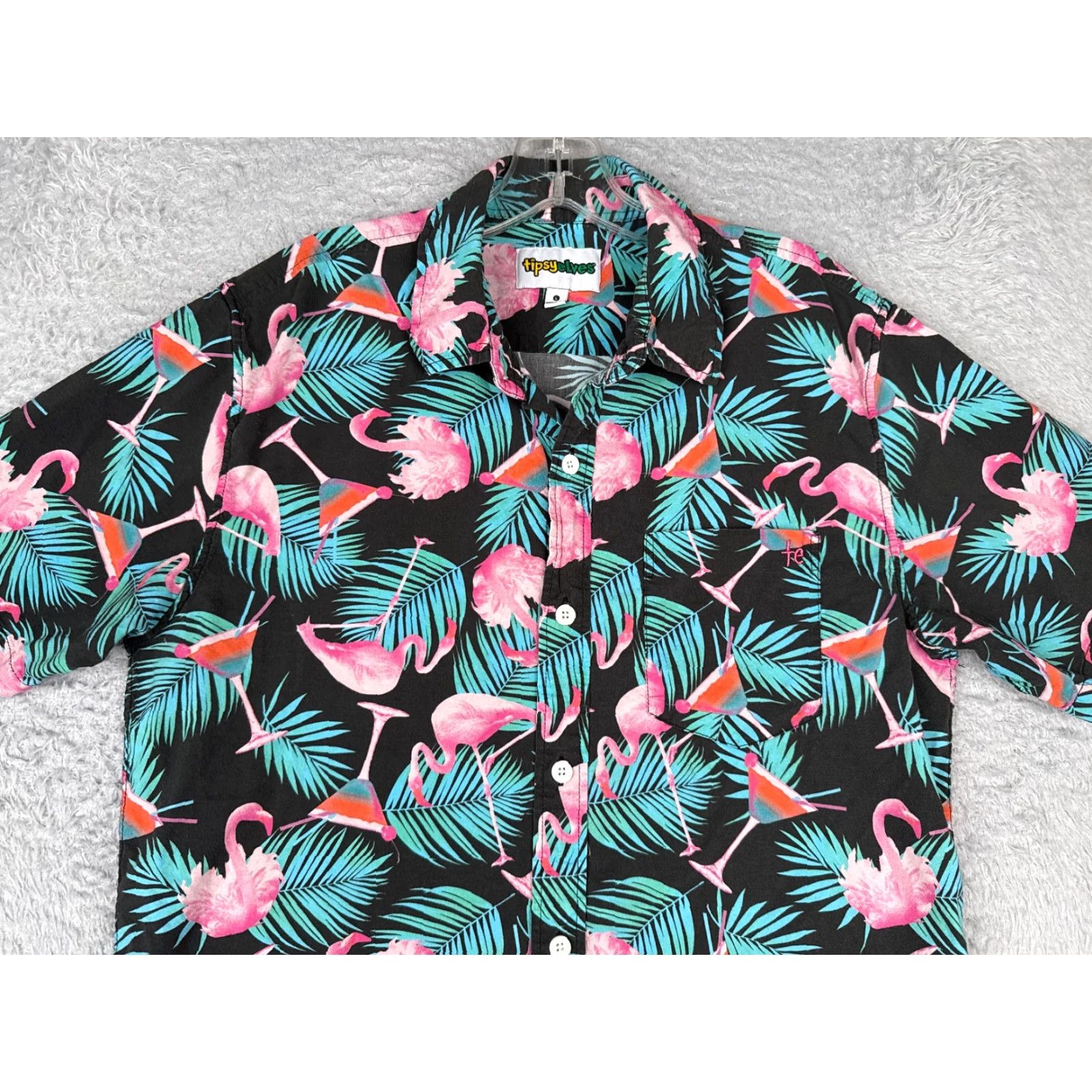 Vintage Tipsy Elves Shirt Men Adult Large Black Floral Flamingo AOP Hawaiian Cotton Blend Button-Up Short Sleeve Size US L / EU 52-54 / 3 - 4 Thumbnail
