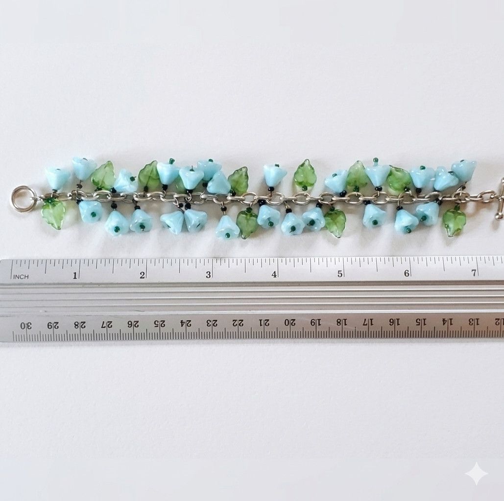 Handmade Charm 7" Bracelet Handmade Aqua Teal Green Flower Leaf Czech Size ONE SIZE - 10 Thumbnail