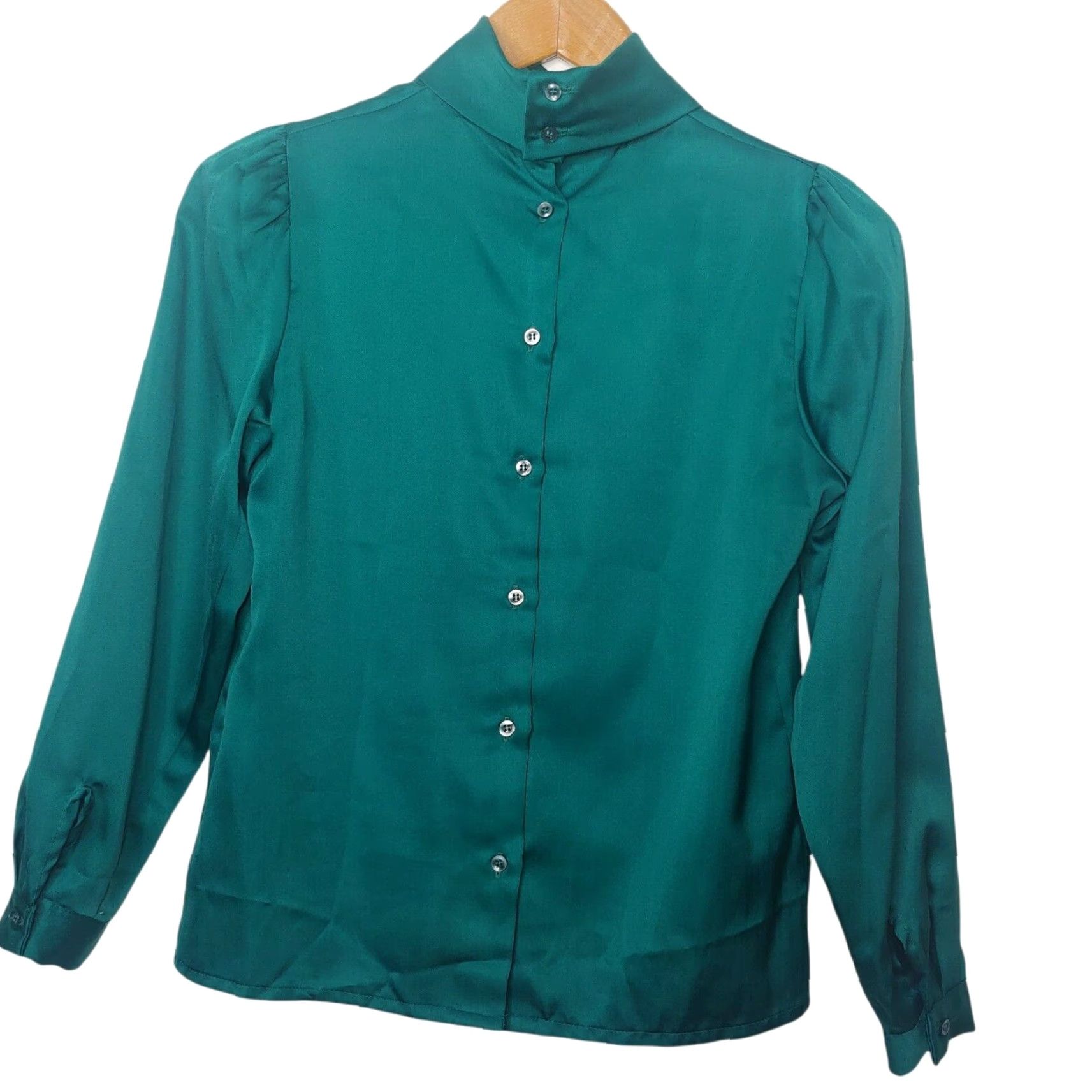 Vintage VINTAGE Blouse Shirt Women 10 Teal Green Satin High Neck Button Back Long Sleeve Secretary Top 100% polyester Size L / US 10 / IT 46 - 2 Thumbnail