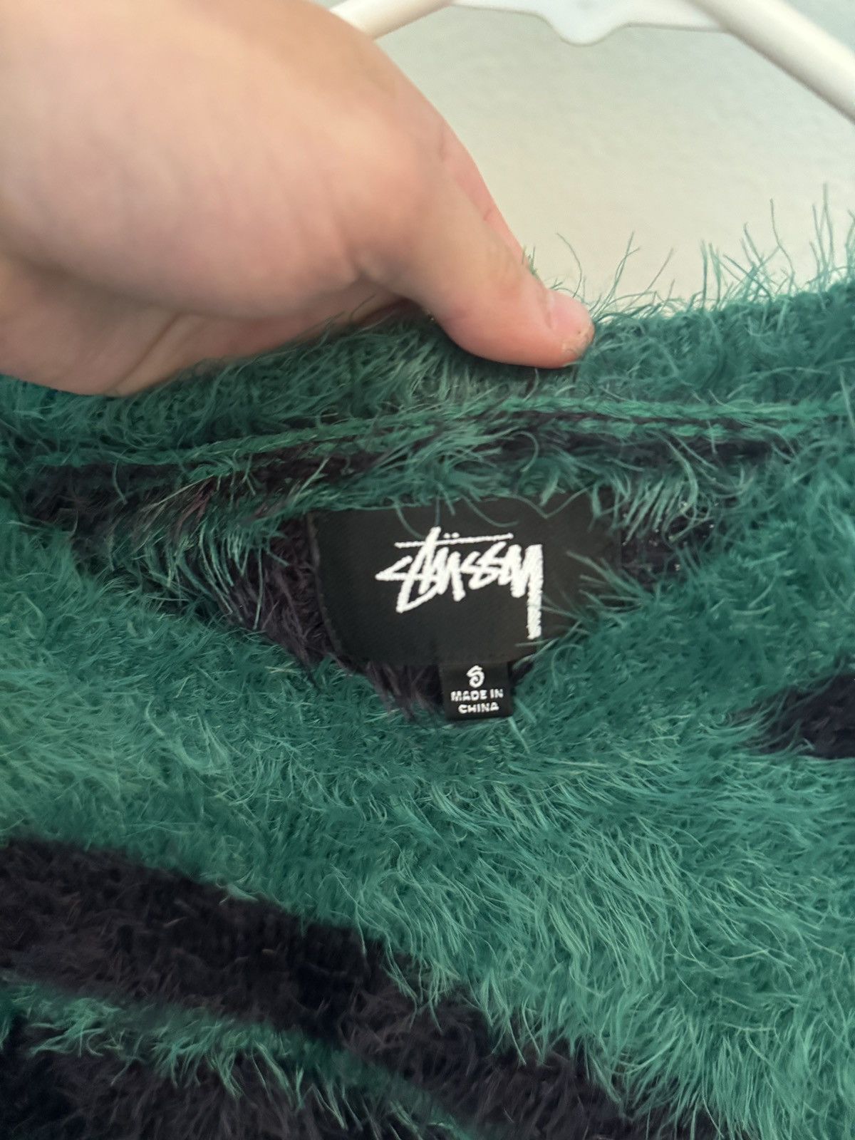 Green Stussy 100% Lambswool Striped Sweater Like-Mohair Sz shops m