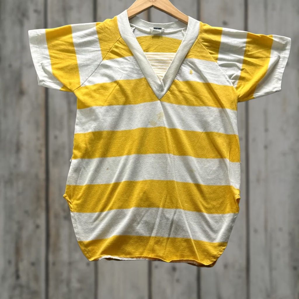 Vintage Vintage Yellow Striped Shirt Mens M V-Neck Cotton Relaxed Jersey Lightweight 90s Size US M / EU 48-50 / 2 - 1 Thumbnail