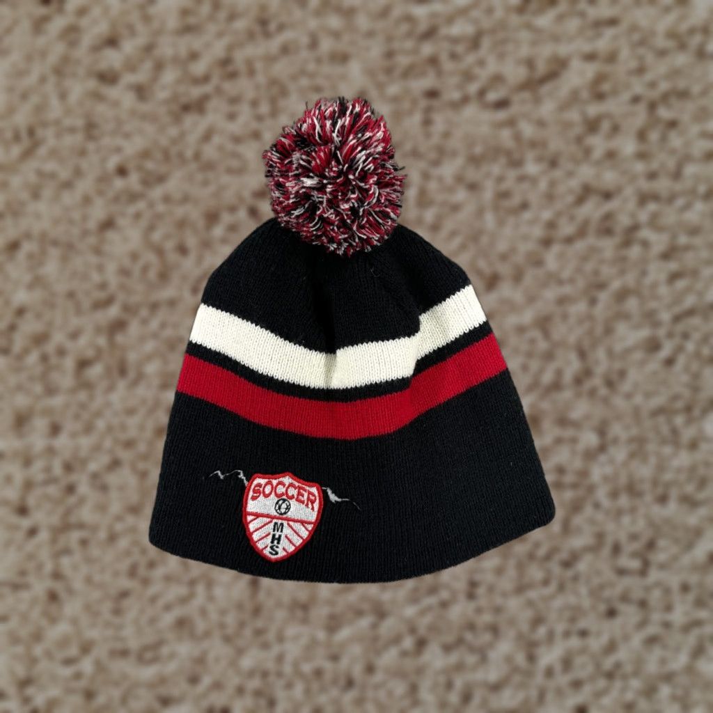 Vintage SOCCER Beanie Hat Adult One Size Black Red Pom 100% Acrylic Knit Casual Mens Size ONE SIZE - 1 Thumbnail