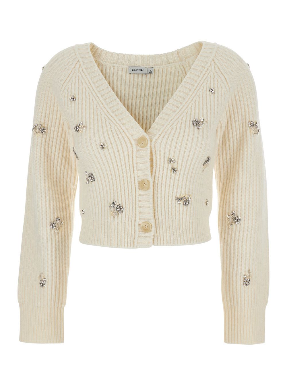 Simkhai 'Novah' White Cropped Rhinestoned Cardigan with V Neck in Wool and Cashmere Woman Size M / US 6-8 / IT 42-44 - 1 Thumbnail