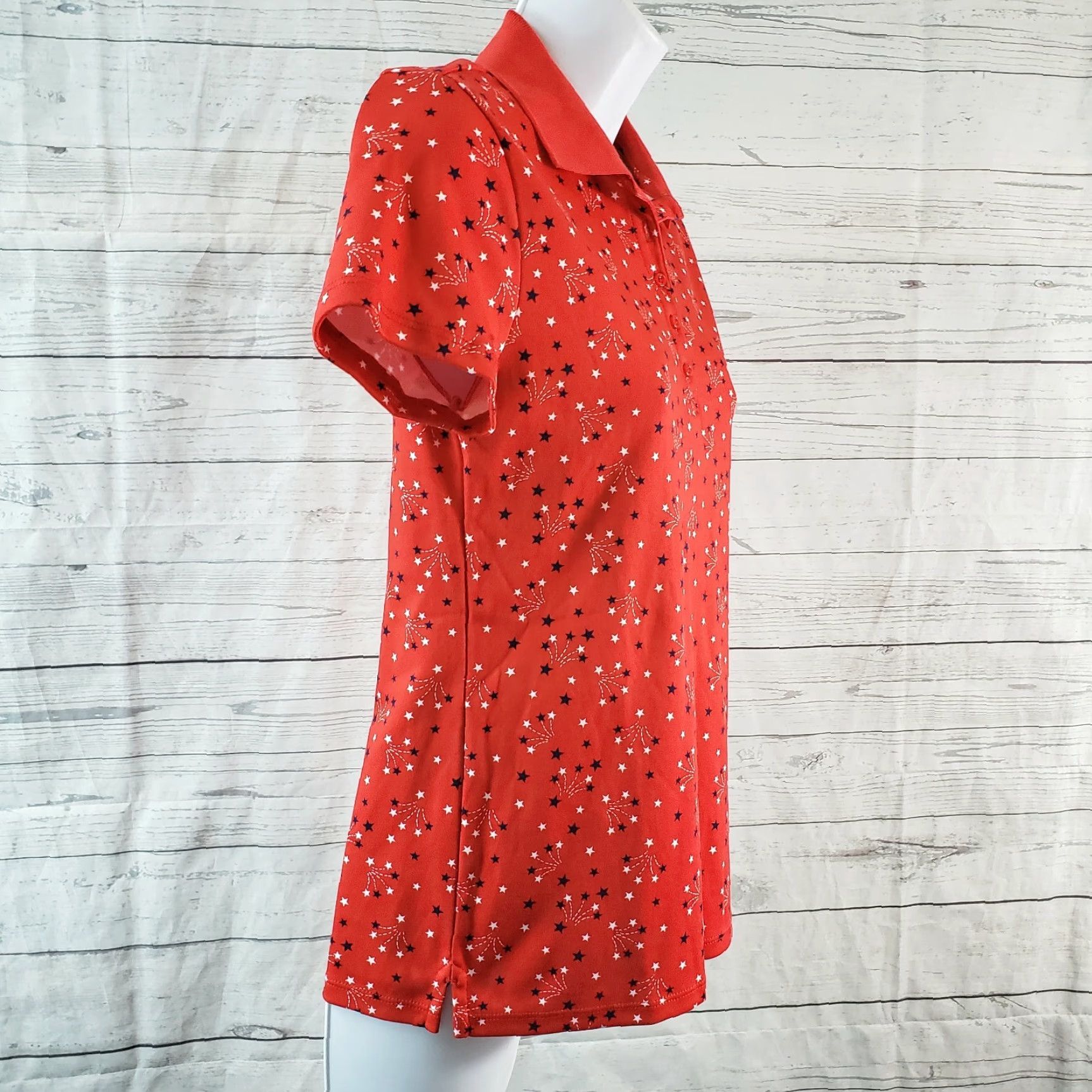 Lands' End VINTAGE? Lands End Polo Womens XS Red Star Print Short Sleeve Cotton Size 26" / US 2 / IT 38 - 3 Thumbnail