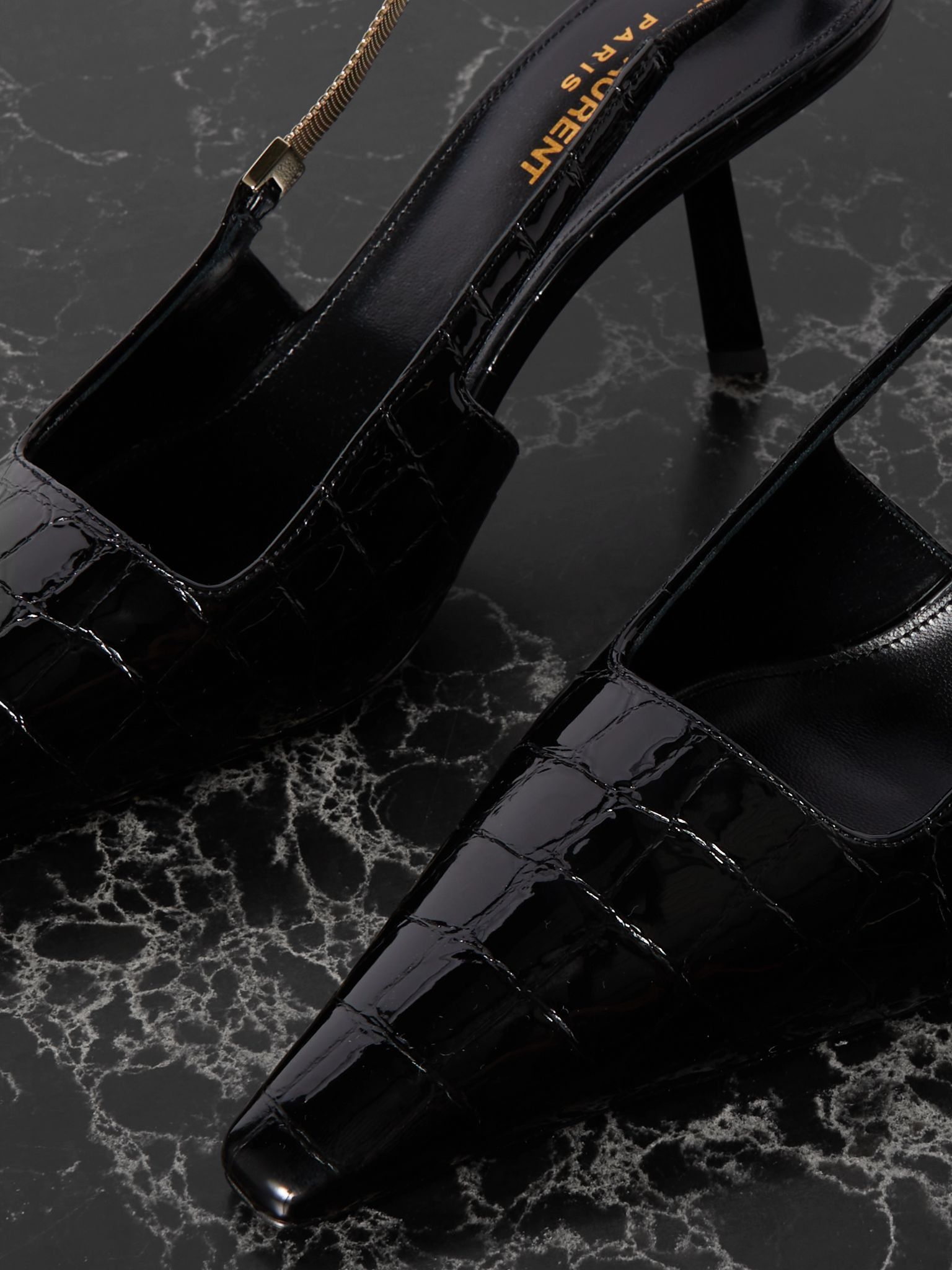 Saint Laurent Paris os11x0126 Embellished Croc Effect Leather Slingback Pumps Size US 8 / IT 38 - 5 Thumbnail