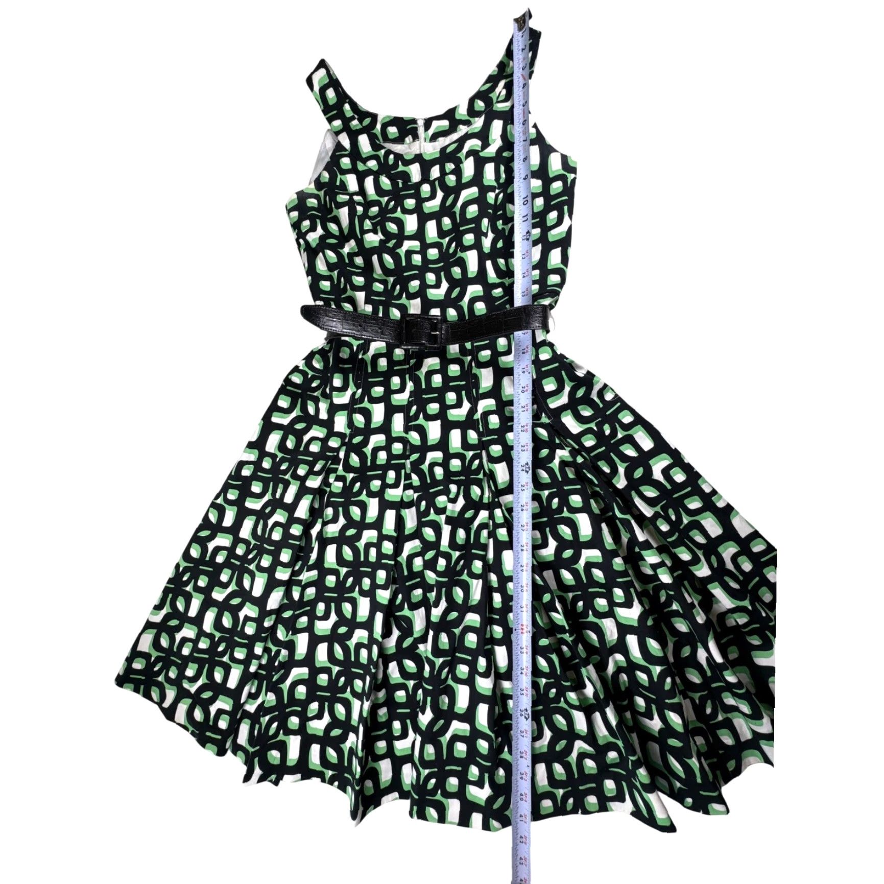 Calvin Klein Calvin Klein Geometric Dress Belted Fit & Flare Sleeveless Knee Length Women's 6 Green Black White Casual Party/Cocktail Size M / US 6-8 / IT 42-44 - 4 Thumbnail