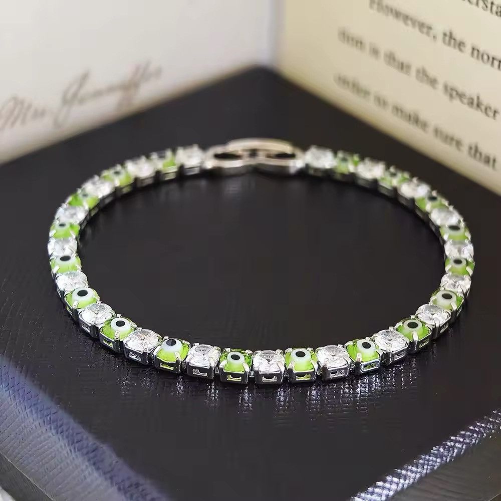 Sterling Silver 4mm Green Color Evil Eye Bracelet Size ONE SIZE - 2 Thumbnail