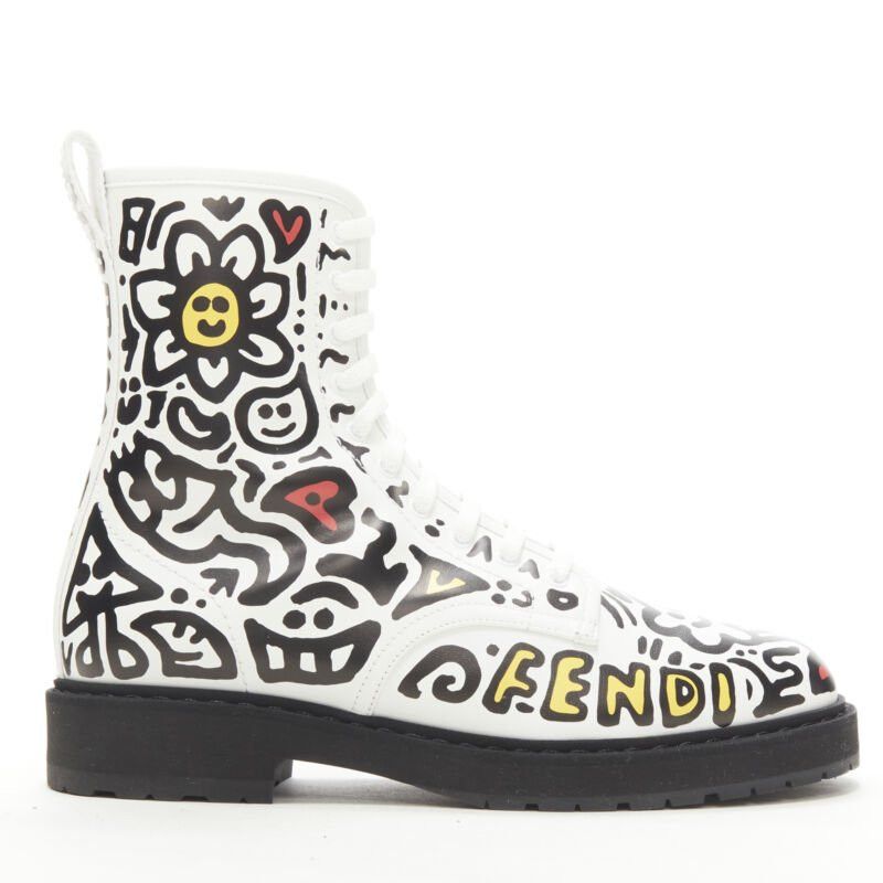 Fendi rare FENDI MR DOODLE white logo graffiti print laced combat ankle boot EU36 Size US 6 / IT 36 - 1 Thumbnail