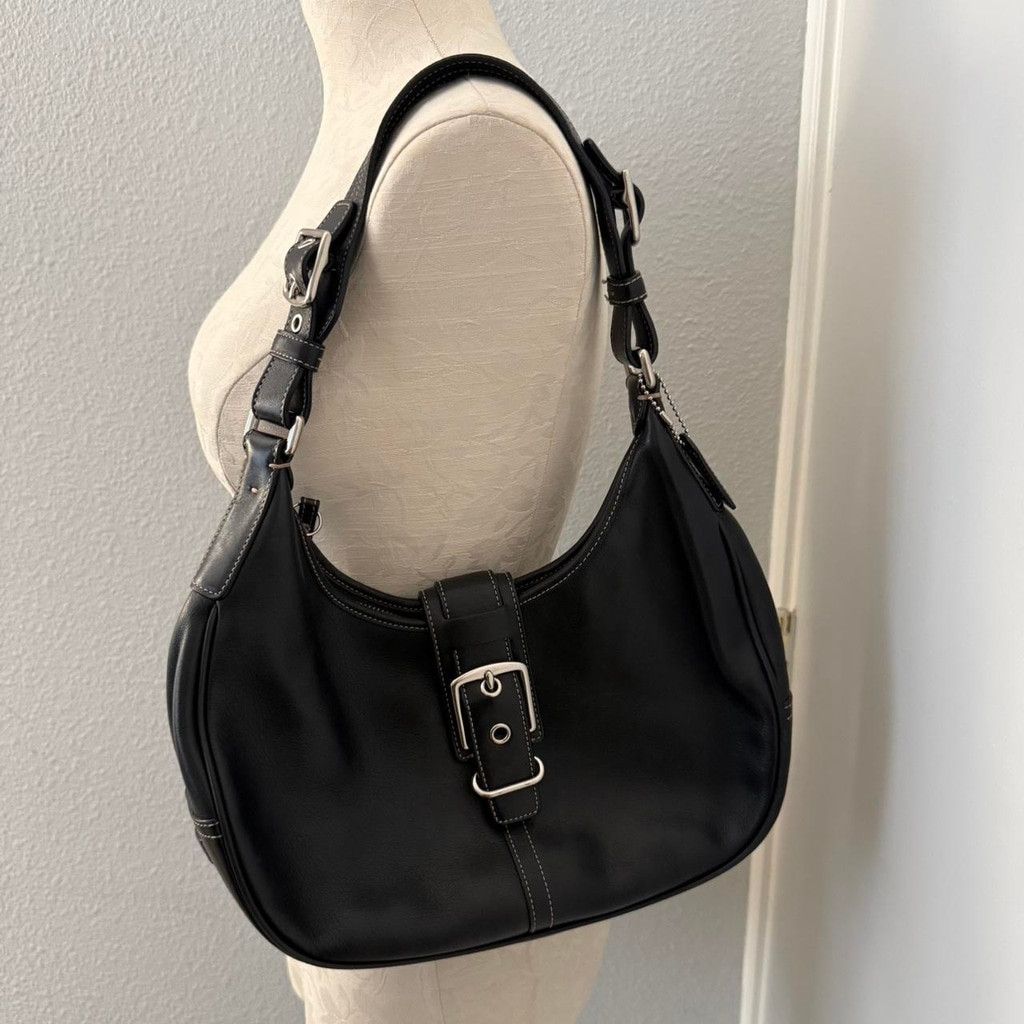 VTG Y2K Coach Hamptons 7548 Black Leather Buckle Hobo Bag