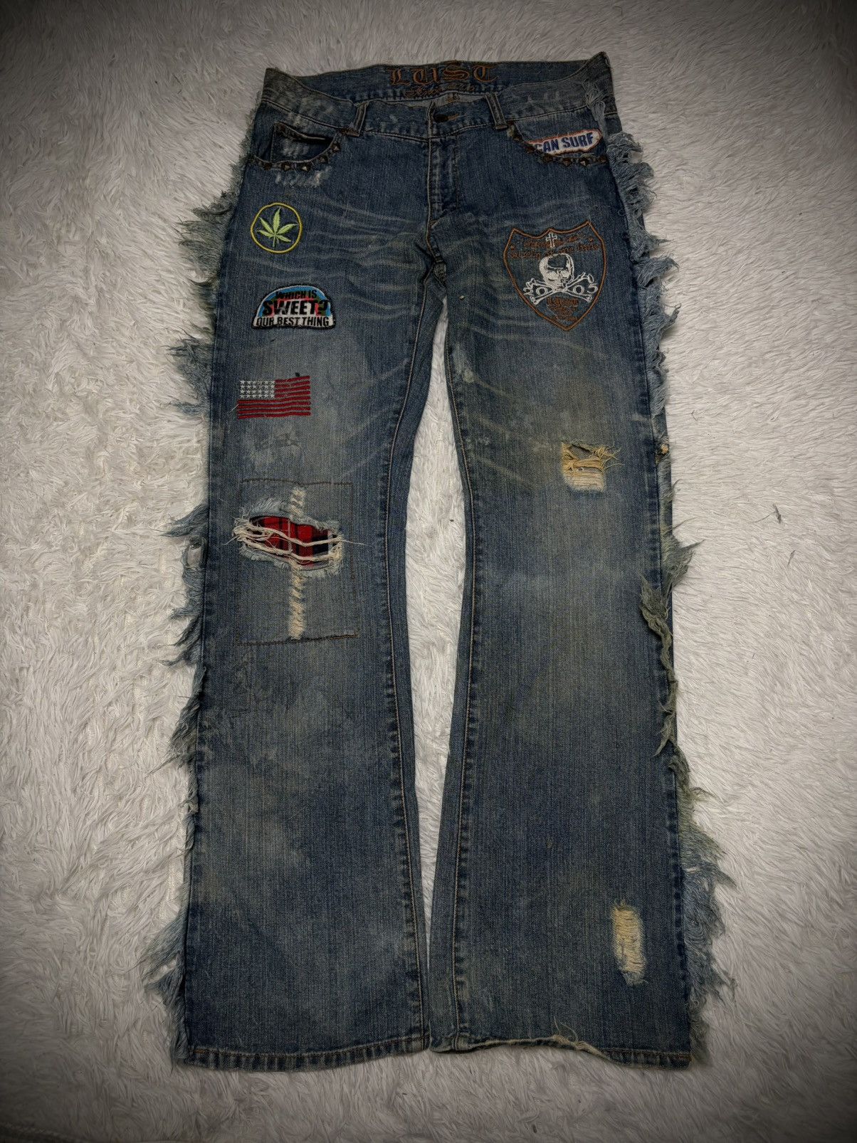 Tornado Mart Rare Lust vkei patches fringe flared jeans Size US 32 / EU 48 - 1 Thumbnail