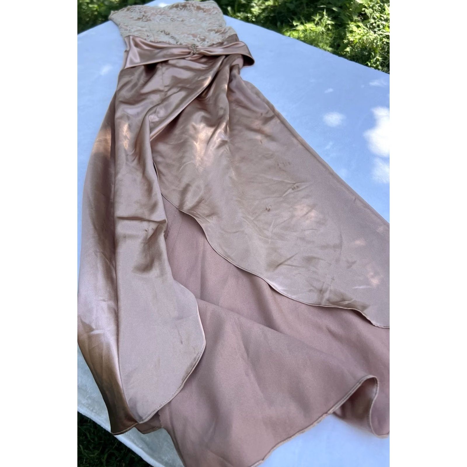 Vintage VINTAGE Dress Lace Satin Bustier Strapless Dusty Rose Pleated Beaded Rhinestone Square Neck Long A-Line Ball Gown 90s Women XS/S Ladies Size S / US 4 / IT 40 - 5 Thumbnail