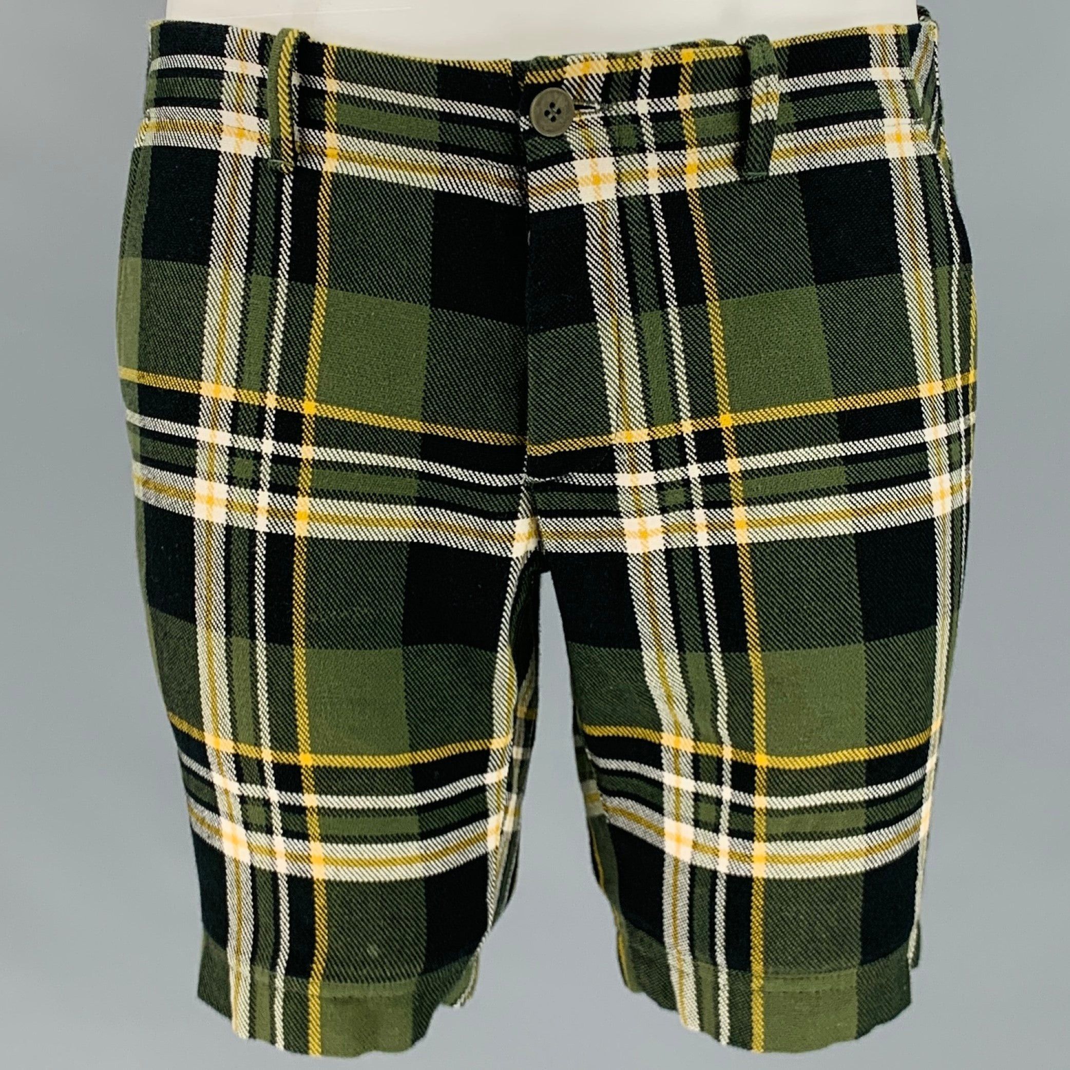 image of Tomas Maier Green Yellow Plaid Cotton Button Fly Shorts, Men's (Size 31)