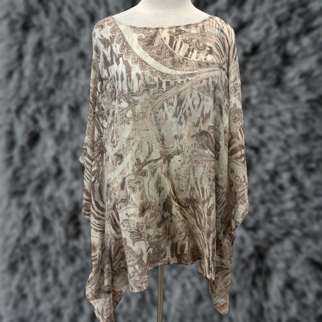 Vintage VINTAGE Chicos Tunic Shirt Kaftan Style Silk Blend Boat Neck L/XL Beige Swirl Pattern Women Size L / US 10 / IT 46 - 1 Thumbnail