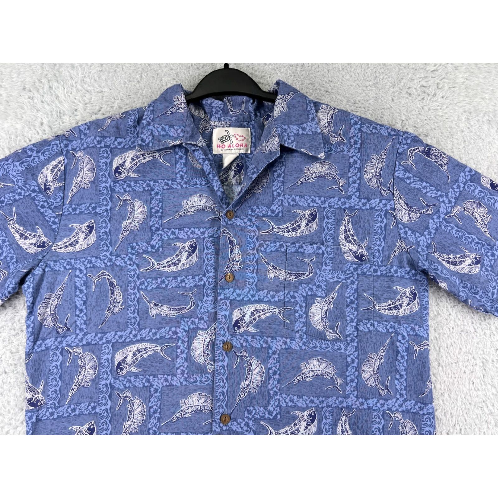 ALOHAS VINTAGE Ho Aloha Shirt Mens Blue Hawaiian Floral Button-Up Large L Size US L / EU 52-54 / 3 - 4 Thumbnail