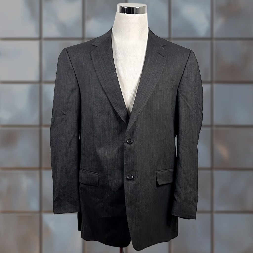 Hart Schaffner Marx Hart Schaffner Marx 46L Travelor Suit 2 Piece Black Striped Pleated Two Button Wool Wool Jacket Pants Men Regular Formal Business Wedding 46 Mens Size 38R - 1 Thumbnail