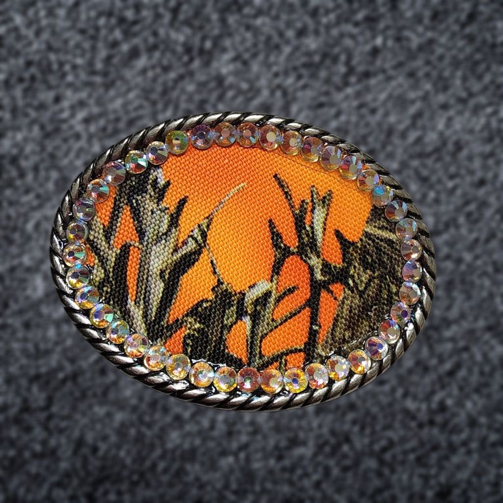 Vintage Orange Camouflage Belt Buckle Rhinestone Silver Metal Belt Buckle Size ONE SIZE - 1 Thumbnail