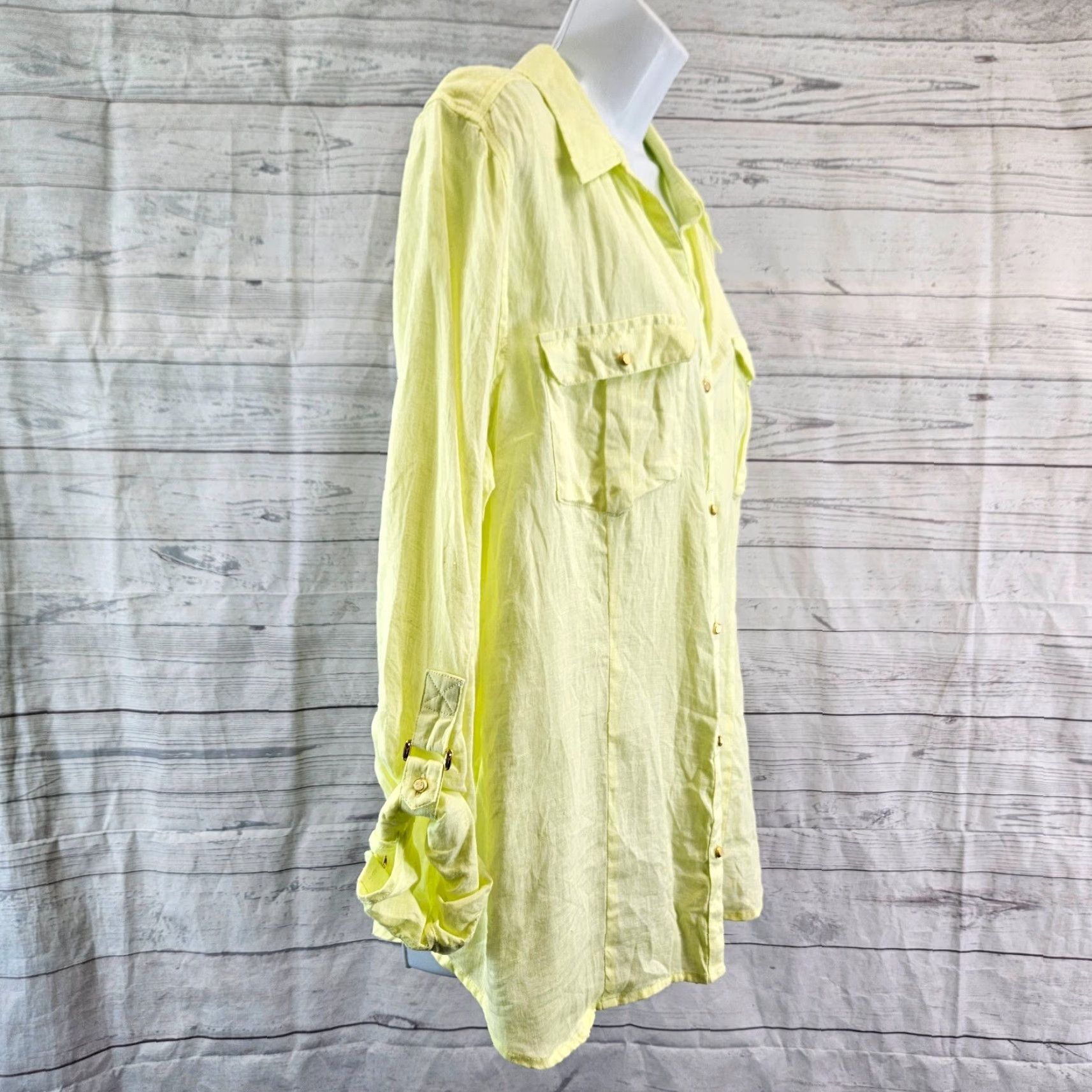 Vintage VINTAGE Chico's Womens Linen Button Up Top L Yellow Tabbed Sleeves Shirt Womens Large Yellow Sleeve Tabs Size L / US 10 / IT 46 - 3 Thumbnail