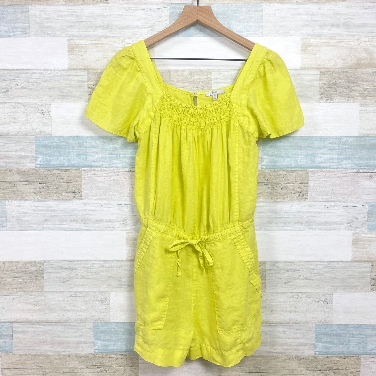 Joie JOIE Linen Alina Romper Neon Yellow Smocked Pockets Women XS Size 25" / US 0 / IT 36 - 1 Thumbnail