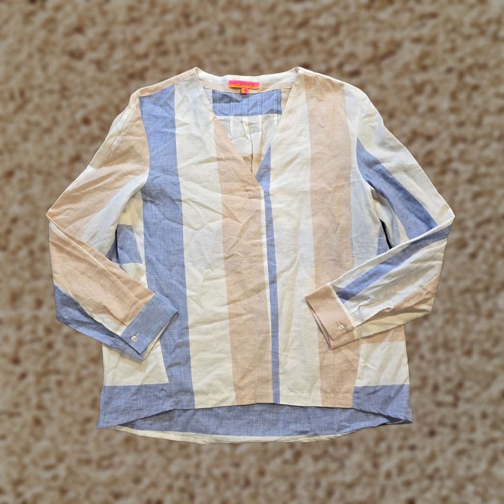 Vintage Vilagallo Top Womens Size 38 Blue Tan Stripe Linen Long Sleeve Capsule Casual Blouse V-Neck Regular Adult Womens Size XS / US 0-2 / IT 36-38 - 1 Thumbnail