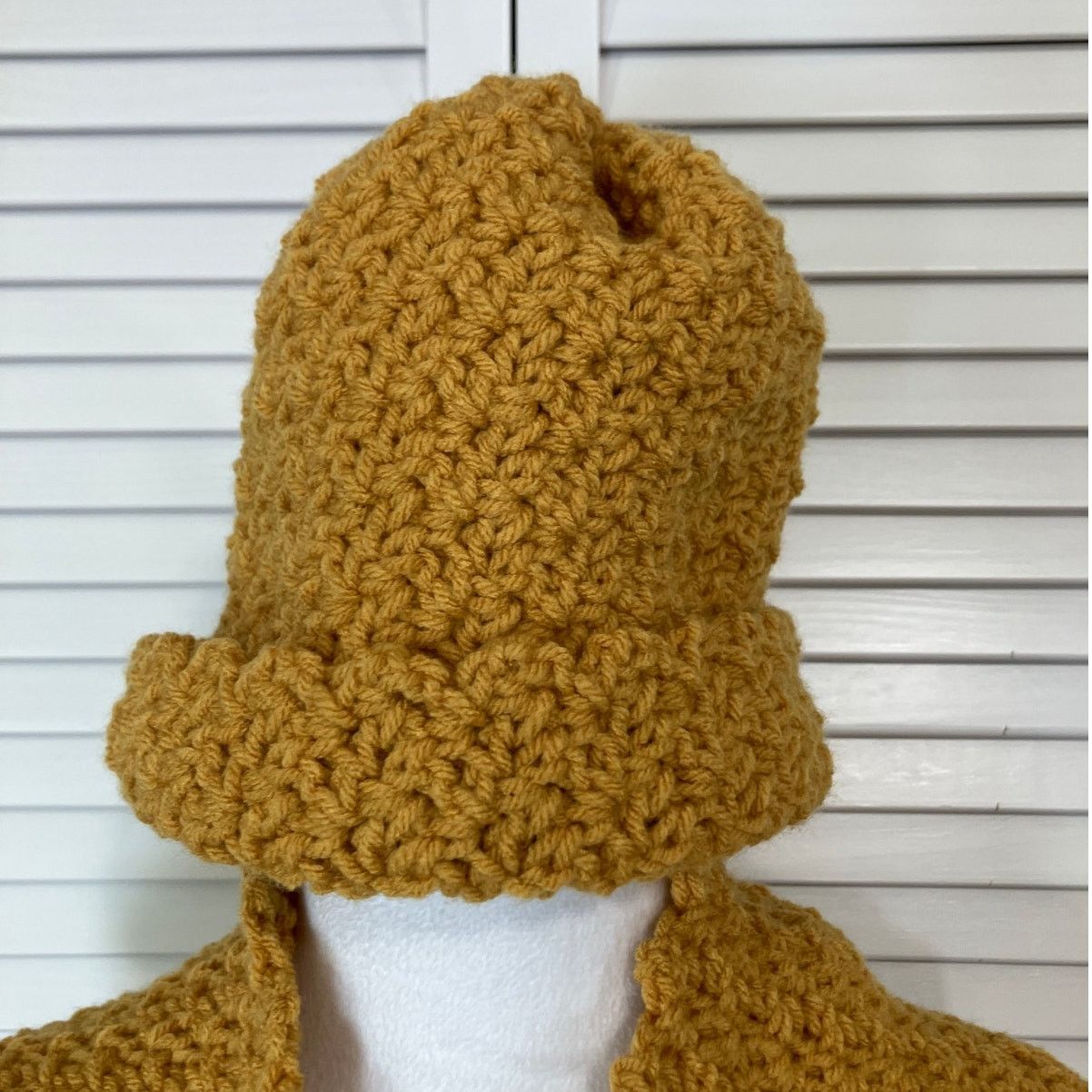 Handmade NWT Handmade Crocheted Mustard Textured Beanie Scarf 71” Size ONE SIZE - 5 Thumbnail