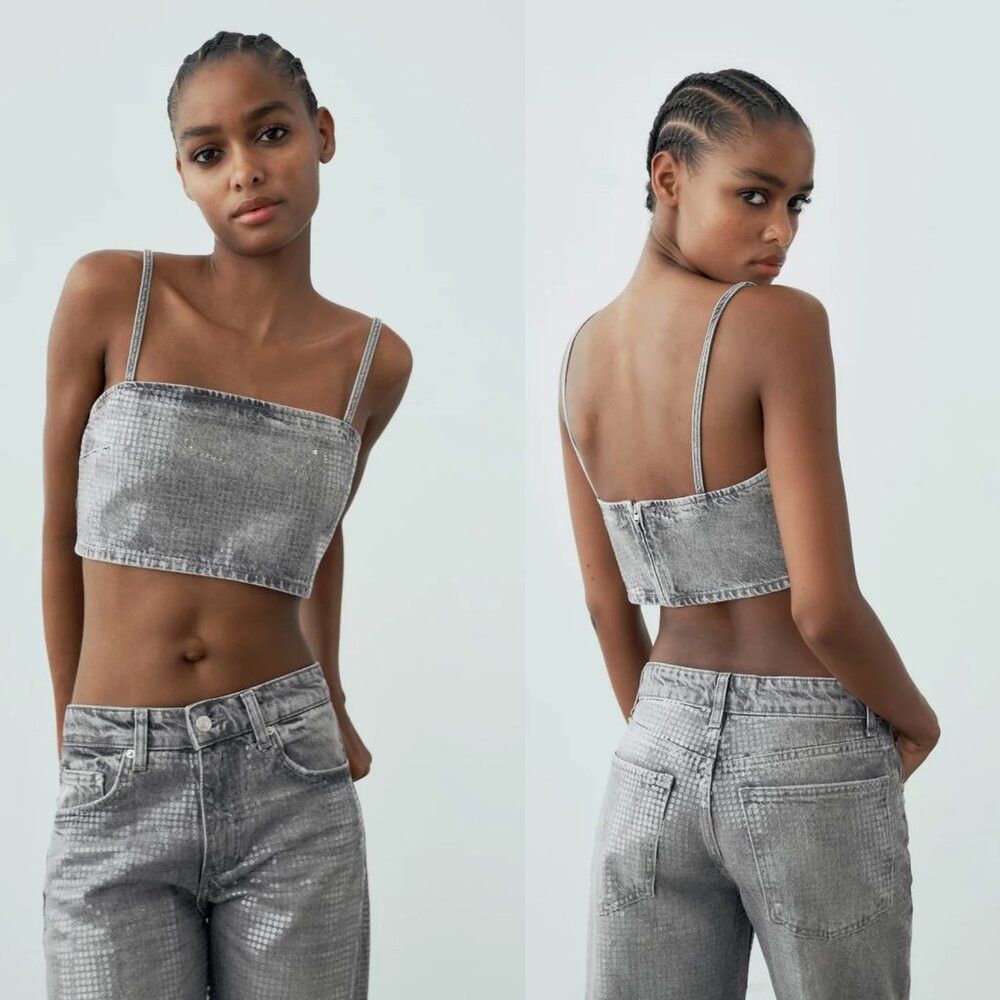 Zara New ZARA TRF Sequin Foil Denim Crop Grey Top Size L Size L / US 10 / IT 46 - 1 Thumbnail