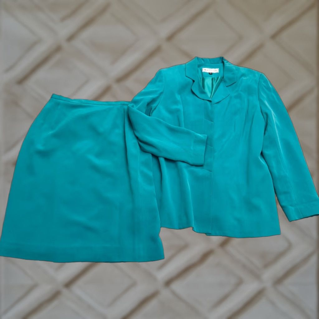 Vintage VINTAGE Travis Ayers 2-Piece Suit Set Jacket & Pencil Skirt Teal 14 Women’s 90s Classic Size 36" / US 14 / IT 50 - 1 Thumbnail
