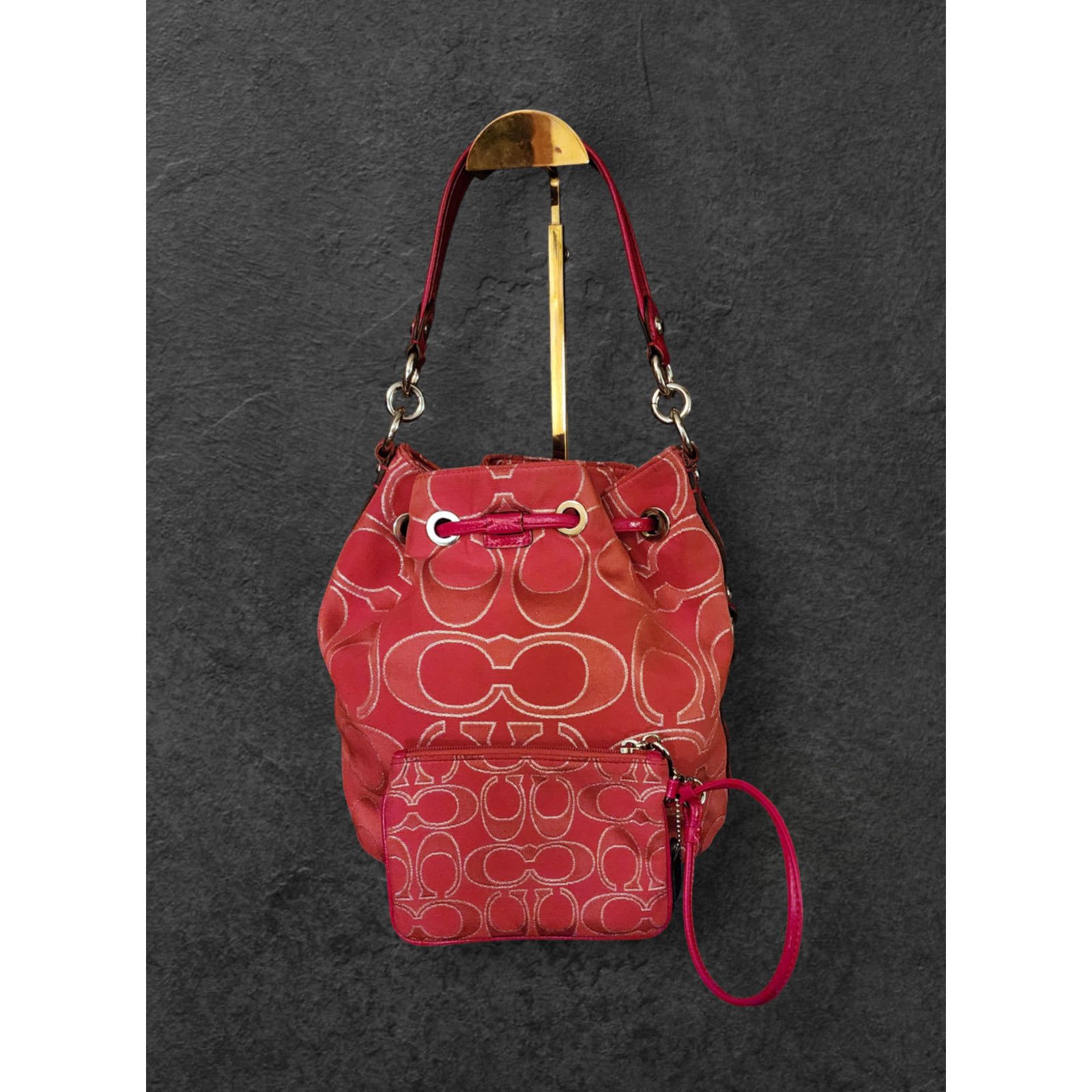 Coach Coach Poppy Signature Lurex draw string bag 17930 Red Silver Size ONE SIZE - 9 Thumbnail