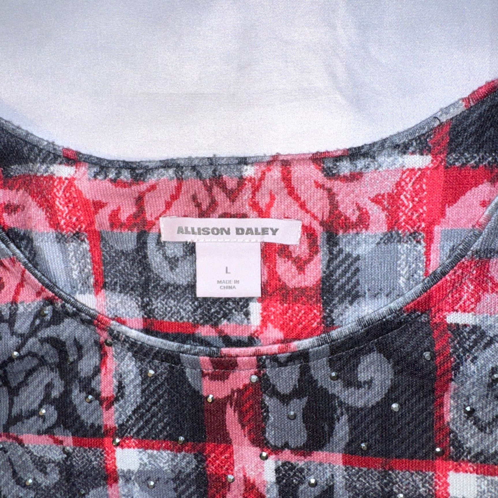 Vintage Allison Daley T-Shirt Knit Plaid Paisley Rhinestone Tunic Top L Red Casual Logo 3/4 Sleeve Cotton Polyester Modern Womens Regular Size L / US 10 / IT 46 - 2 Thumbnail