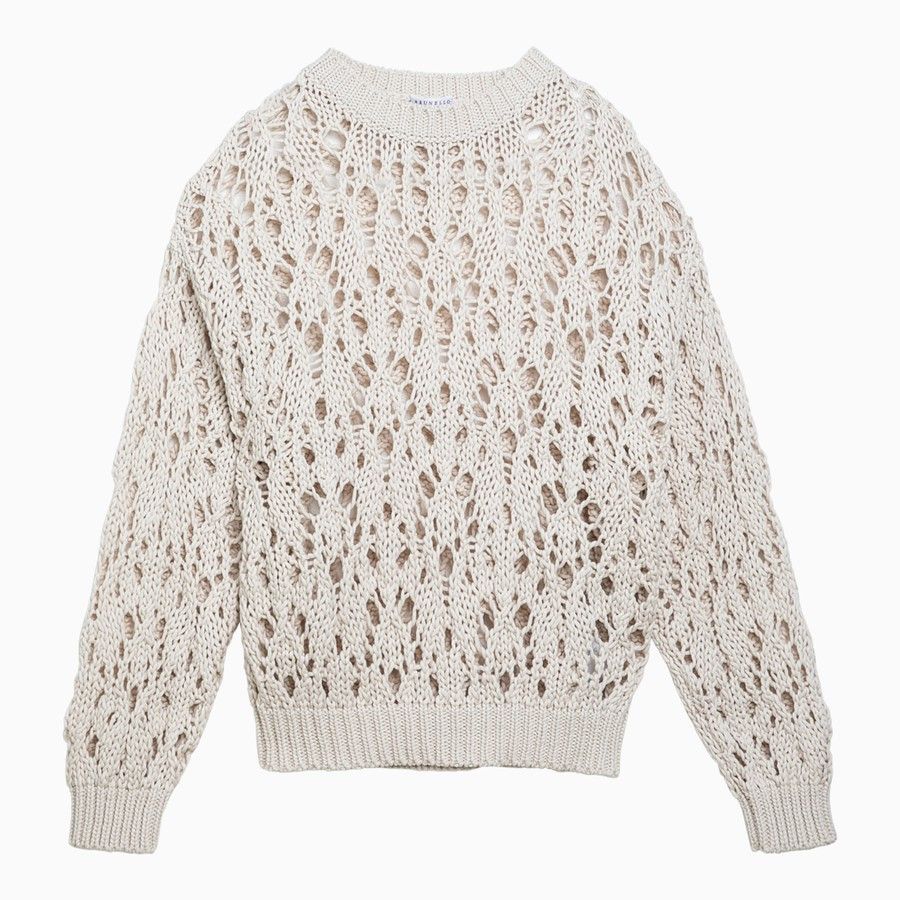 Brunello Cucinelli o1d2blof0824 Cotton Openwork Jersey in Off White Size M / US 6-8 / IT 42-44 - 1 Thumbnail