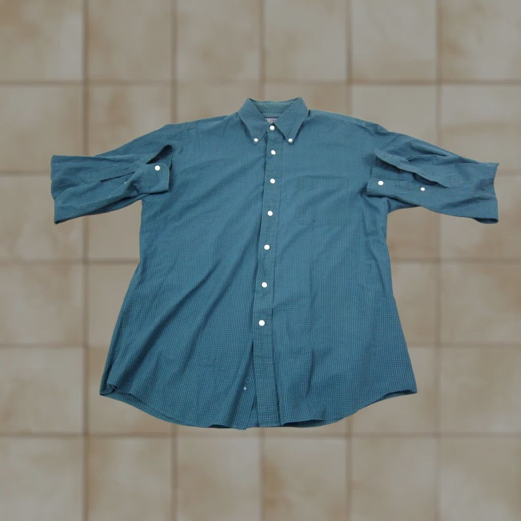 Lands' End Lands' End Shirt Button-Up Long Sleeve Blue Green Gingham Check Mens Size Large 16 Casual Vintage (Adult) Size US L / EU 52-54 / 3 - 1 Thumbnail
