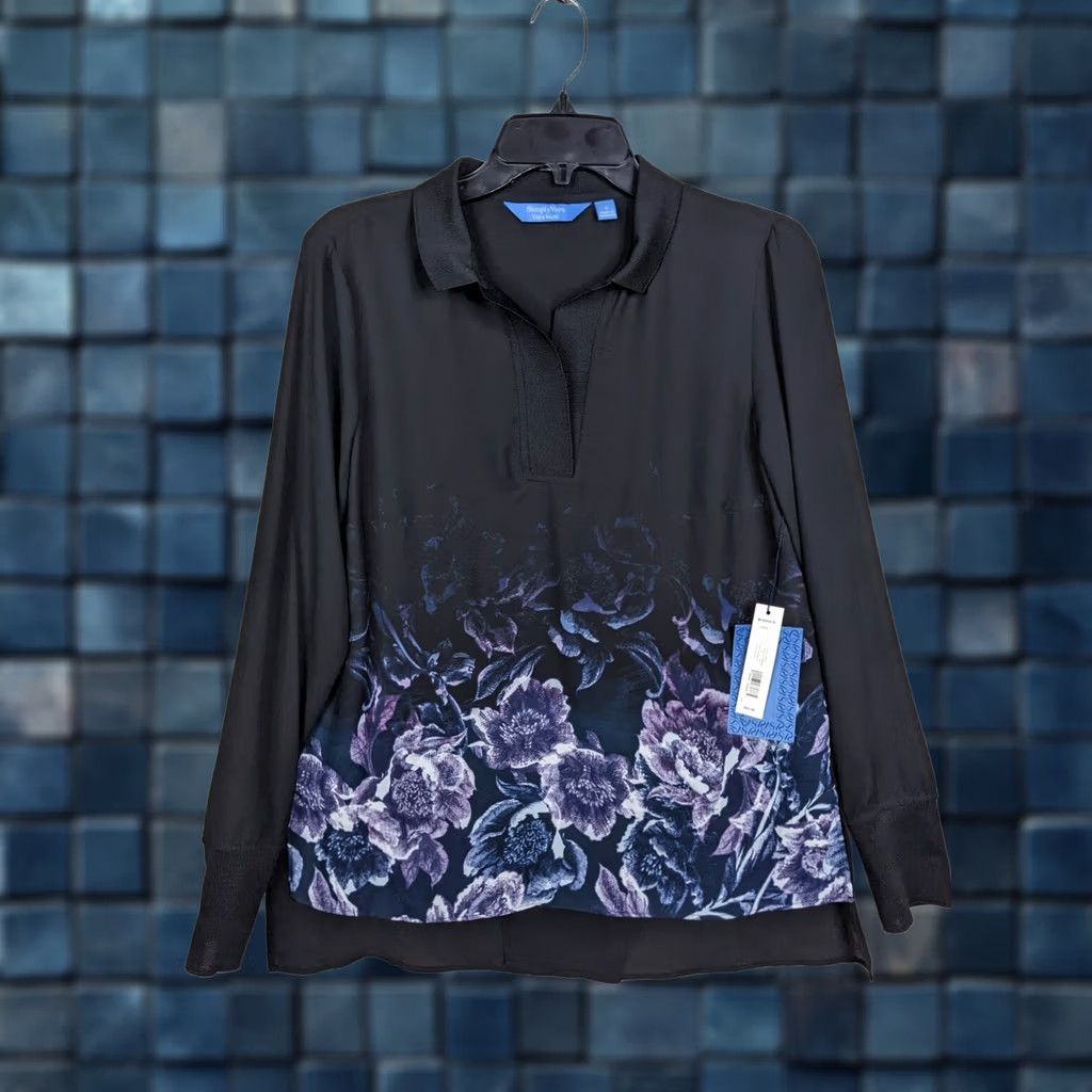 Vintage Simply Vera Vera Wang Blouse Shirt Womens S Black Floral V-Neck Button Up Continuous Regular Fit Basic Style Everyday Size S / US 4 / IT 40 - 1 Thumbnail