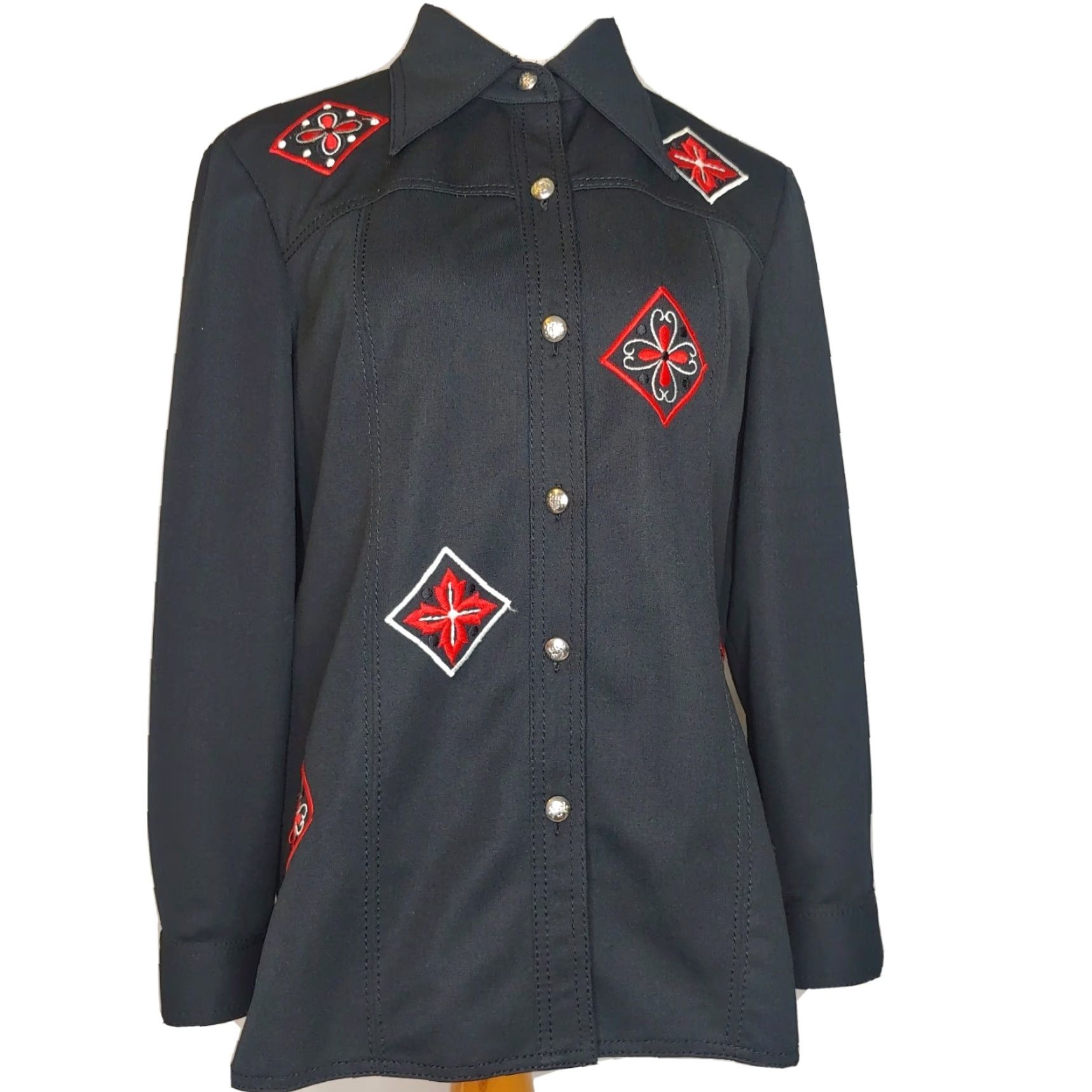 Etro VINTAGE Western Shirt Womens Large Embroidered Black Red Polyester Stretch Long Sleeve Contour Buttons Classic Western Theme Mens? Size L / US 10 / IT 46 - 2 Thumbnail