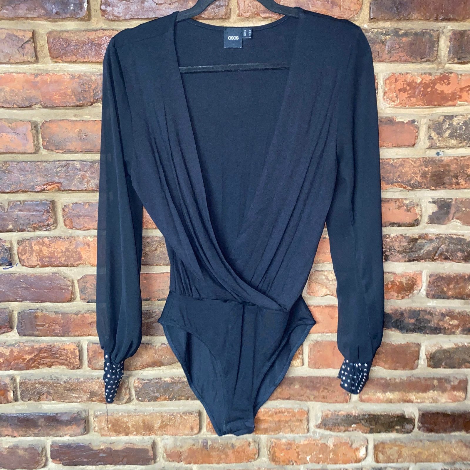 Asos ASOS Black Studded Stud Cuff Surplice Faux Wrap Bodysuit 6 Size M / US 6-8 / IT 42-44 - 1 Thumbnail