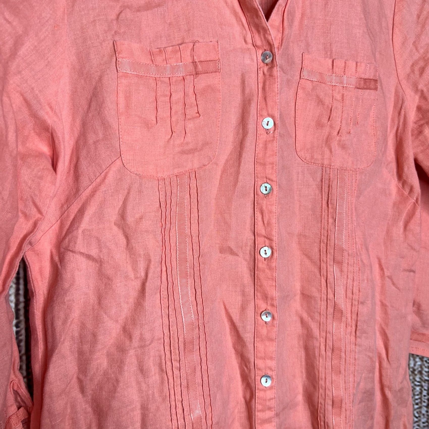 Vintage Carole Little Shirt Womens M Orange 100% Linen Button Up Long Sleeve Vintage No Size M / US 6-8 / IT 42-44 - 2 Thumbnail
