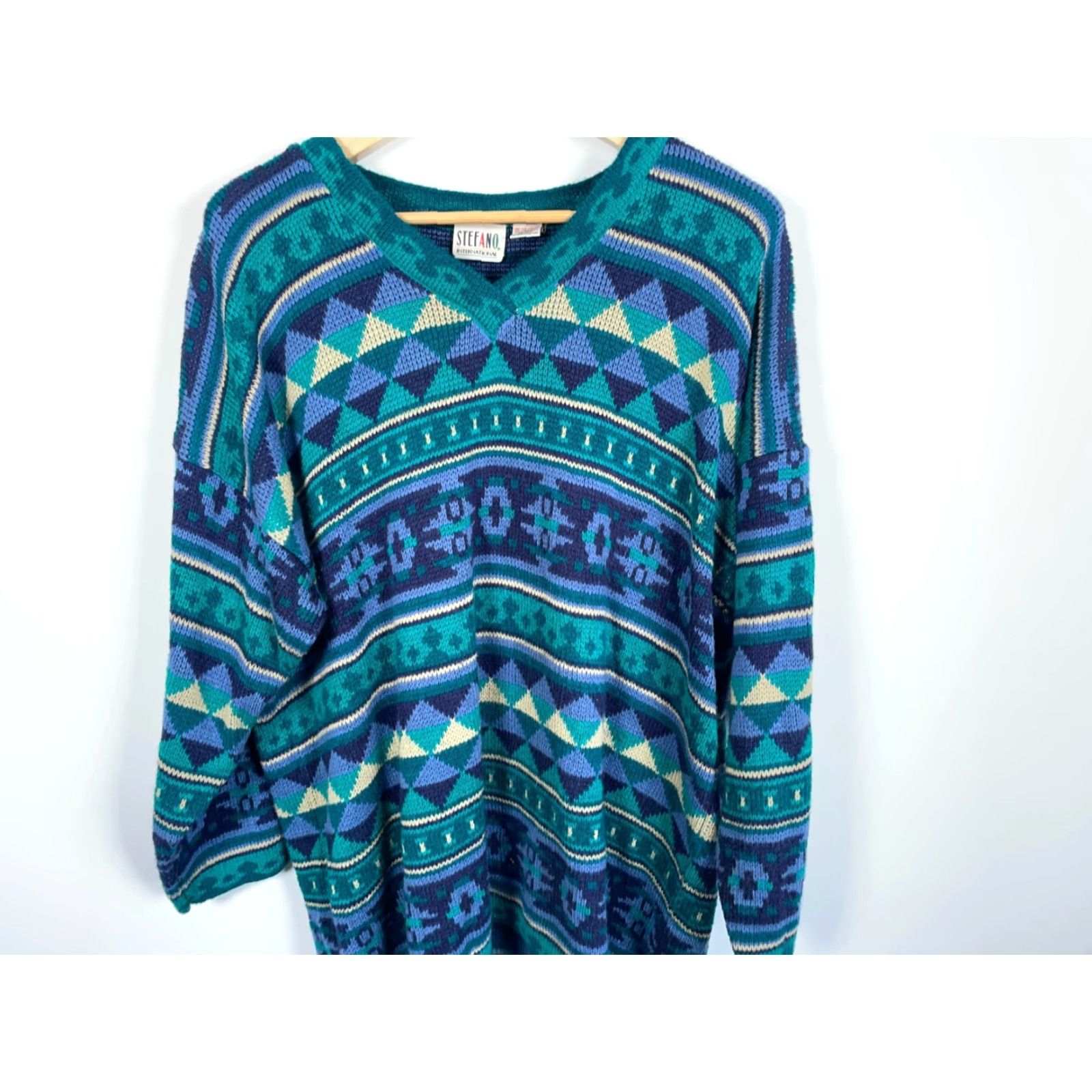 Vintage VINTAGE Stefano International Sweater Geometric 90s Aztec Pullover V-Neck Green Blue One Size Womens Size ONE SIZE - 4 Thumbnail
