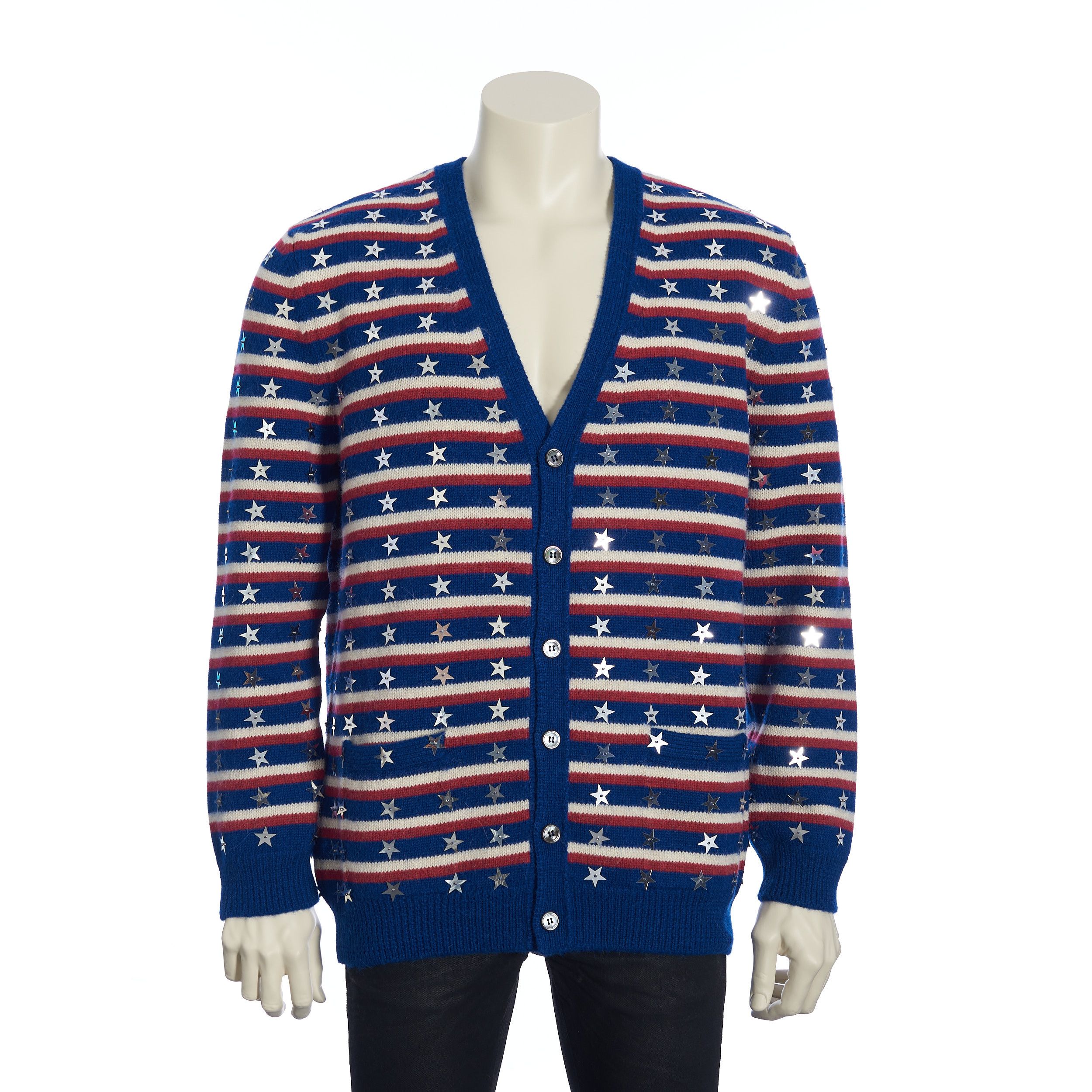 image of Celine Cardigan In Wool And Alpaca Wool Embroidered With Stars in Blue Red, Men's (Size Medium)