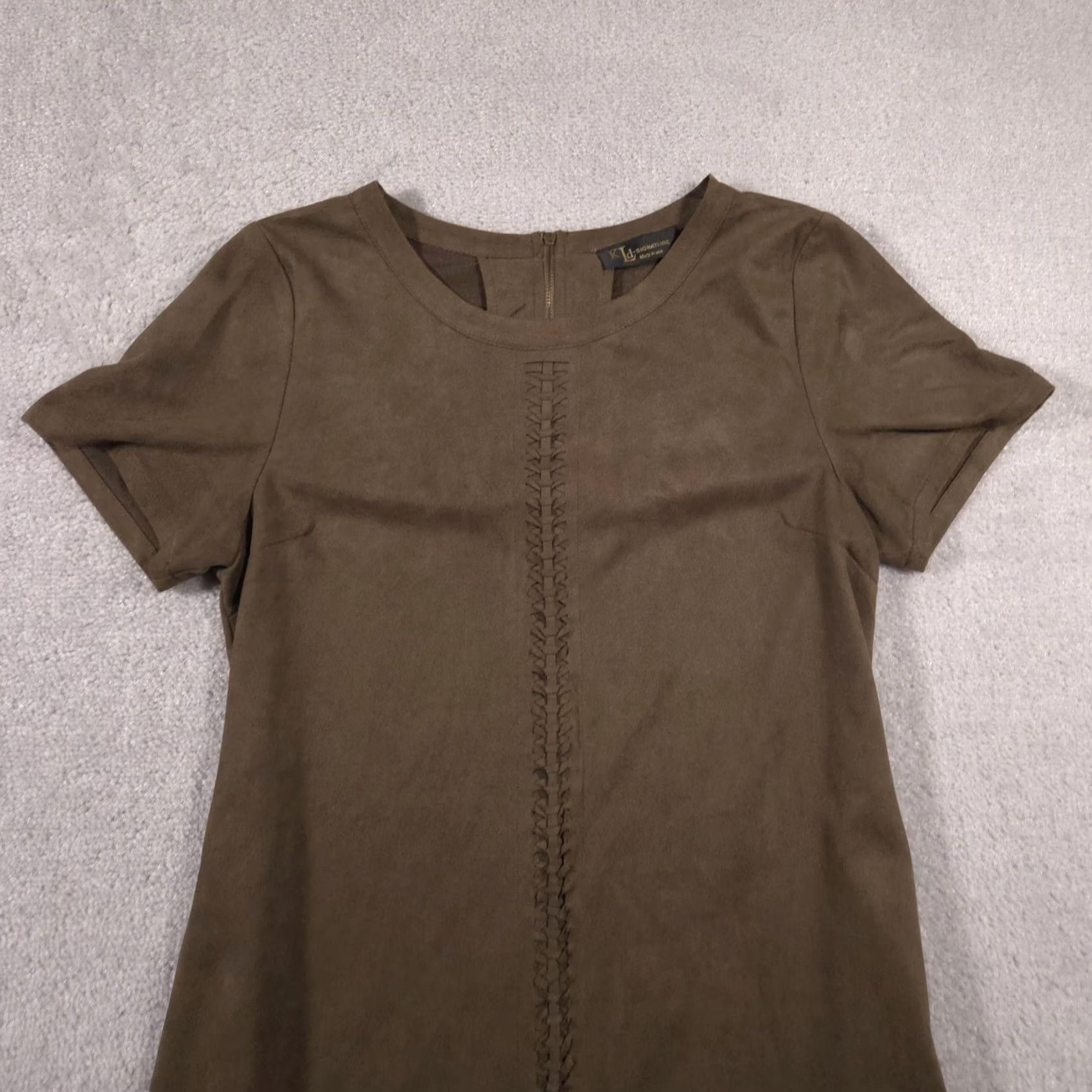 Vintage KLd Signature Dress Womens Large Brown Faux Suede Short Sleeve Shift Made USA Size 36" / US 14 / IT 50 - 2 Thumbnail