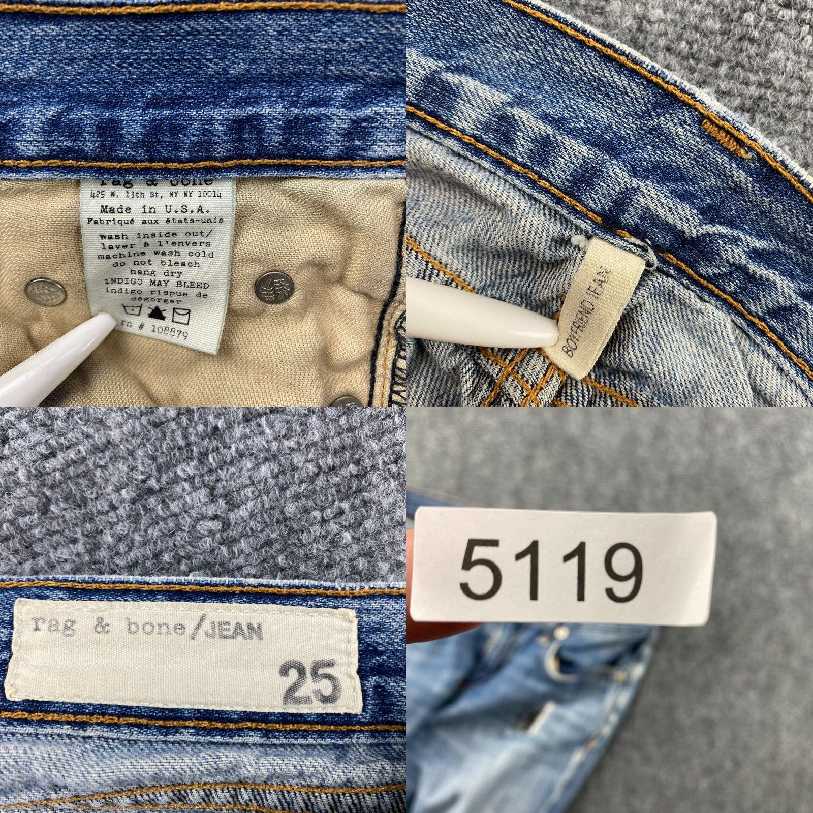 Rag & Bone Rag & Bone Boyfriend Jeans Womens 25 Blue Distressed Denim Regular Rise 5-Pocket Modern Classic Jeans Womens Size 42" / US 20 - 9 Thumbnail