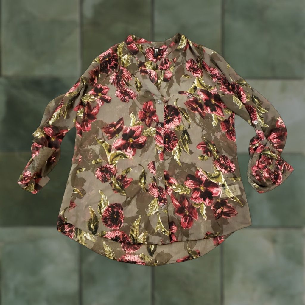 Vintage KUT from the Kloth Women's Gray Floral Semi Sheer Button Up Blouse Medium Size M / US 6-8 / IT 42-44 - 1 Thumbnail