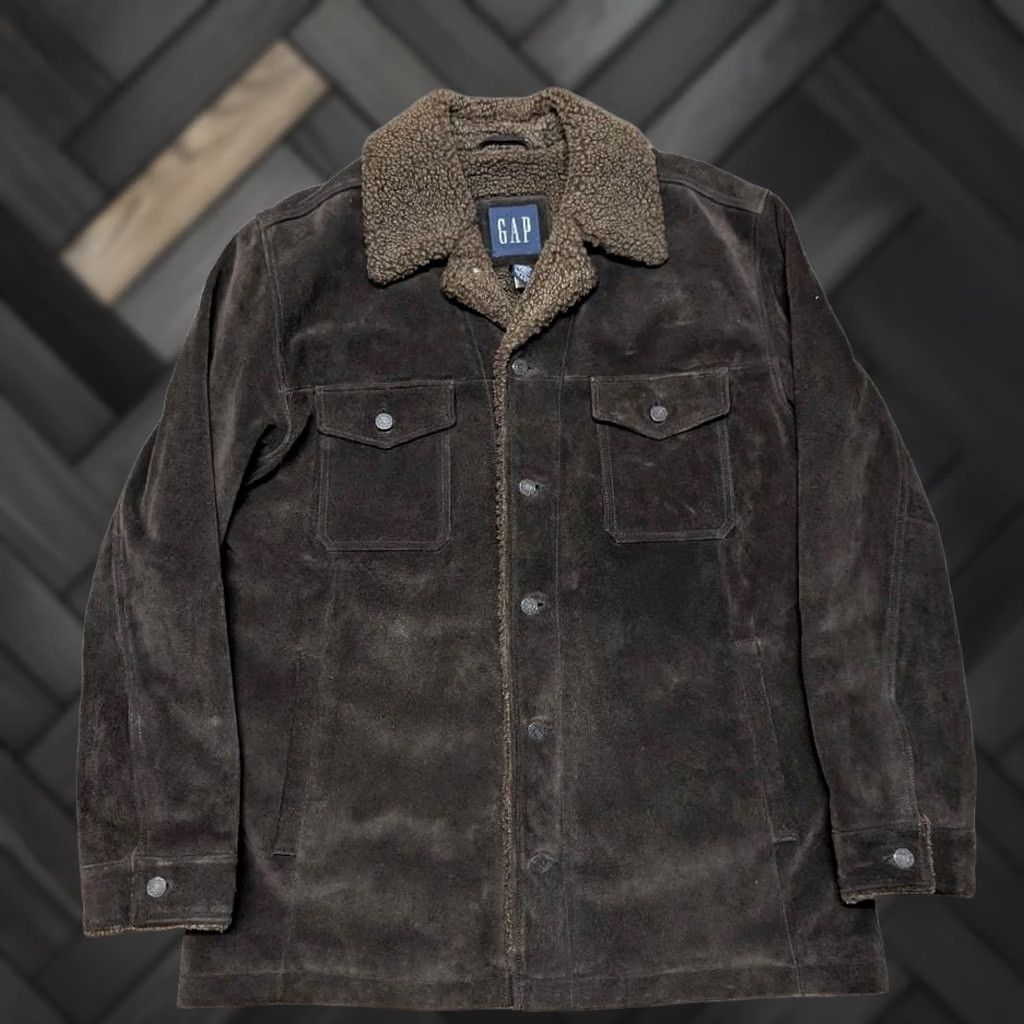 Gap VINTAGE GAP Leather Jacket TRUCKER Men's L Brown Suede Cowhide Wool Sherpa Collar 70s 80s Western Style Size US L / EU 52-54 / 3 - 1 Thumbnail