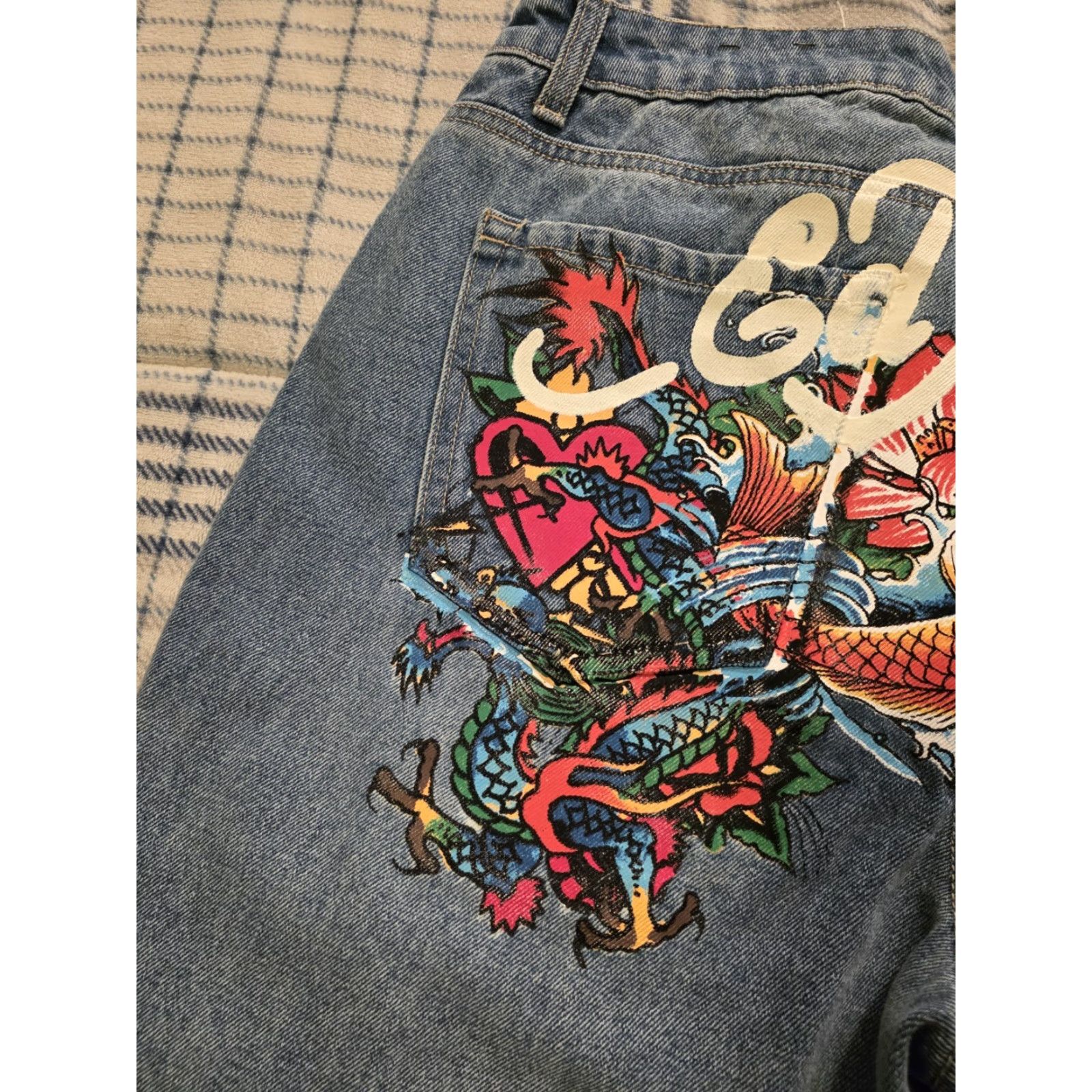 Ed Hardy VINTAGE Ed Hardy Multi Tattoo Low Waist Baggy Jeans Women's Size 32 Painted Logo Koi NWT Blue 90s Art Punk Rock Logo Jeans Womens Size 24" / US 00 / IT 34 - 5 Thumbnail